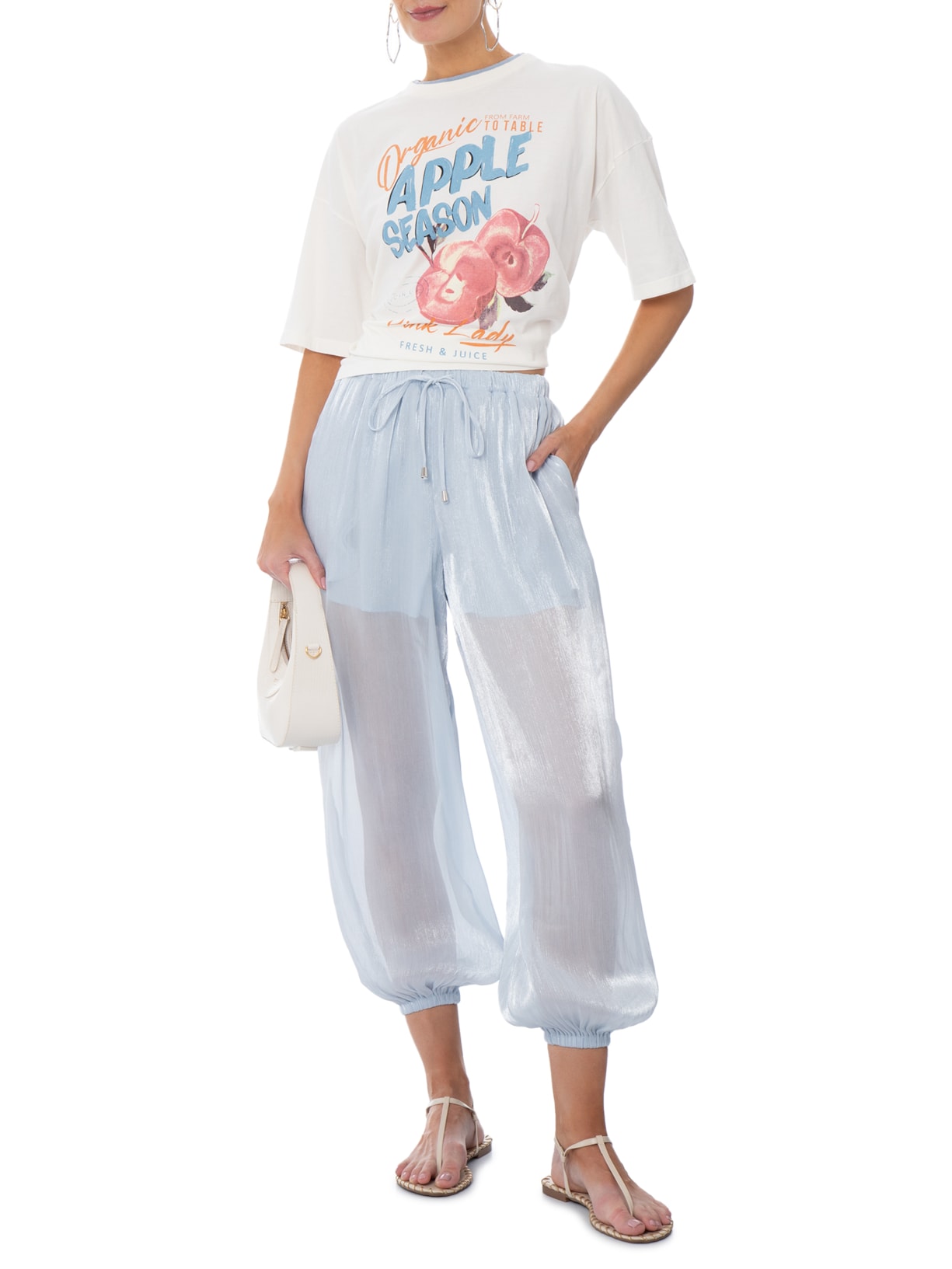 Calça Feminina Balloon Com Fecho De Amarração Azul Market 33