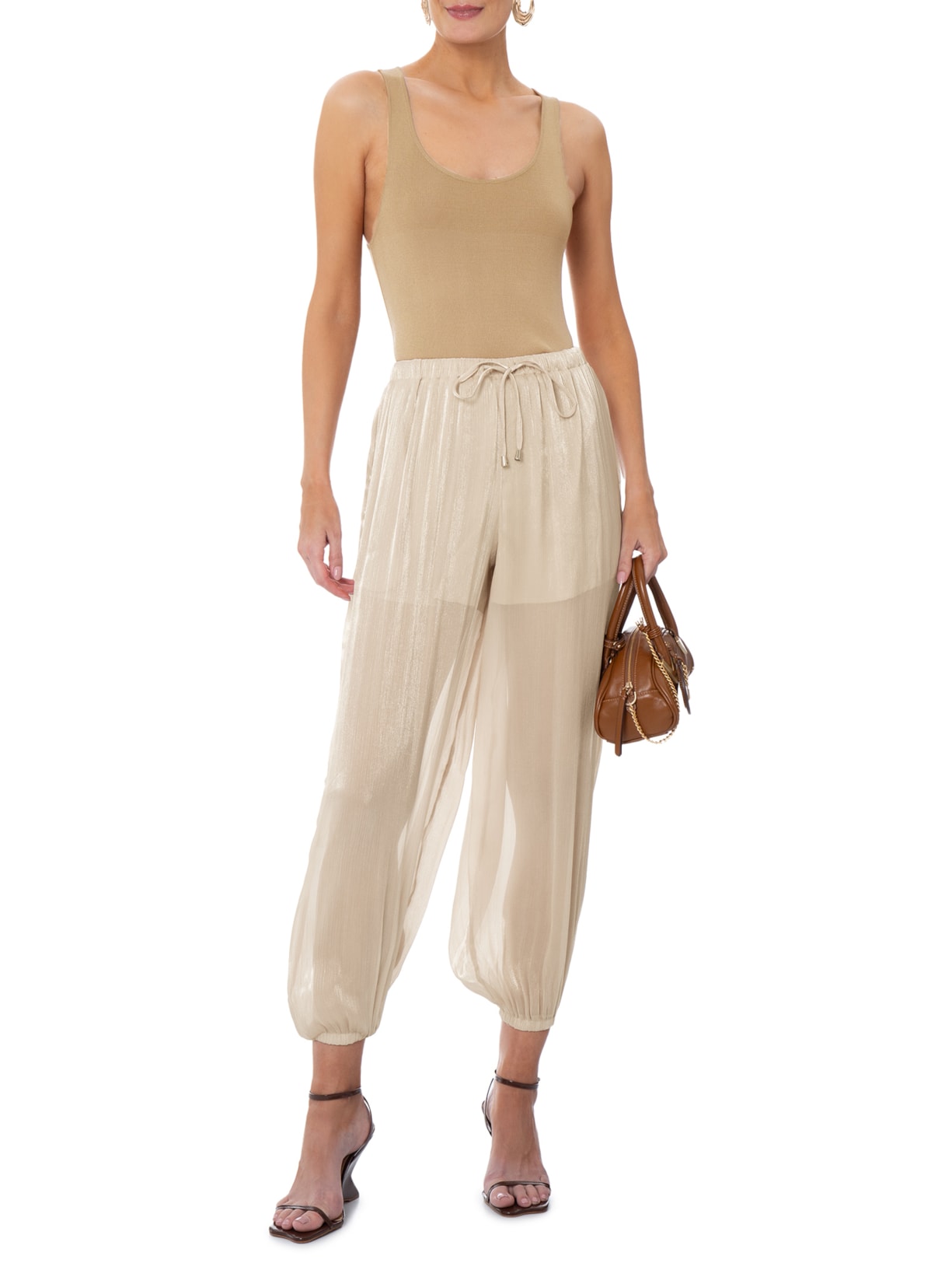 Calça Feminina Balloon Com Fecho De Amarração Bege Market 33