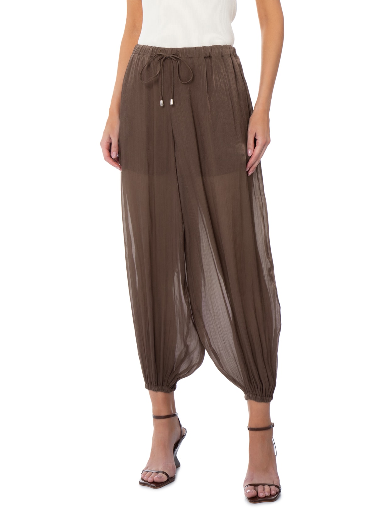 Calça Feminina Balloon Com Fecho De Amarração Marrom Market 33