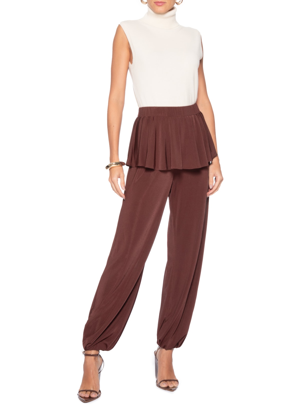 Calça Feminina Balloon Com Sobreposição De Saia Marrom '2Essential