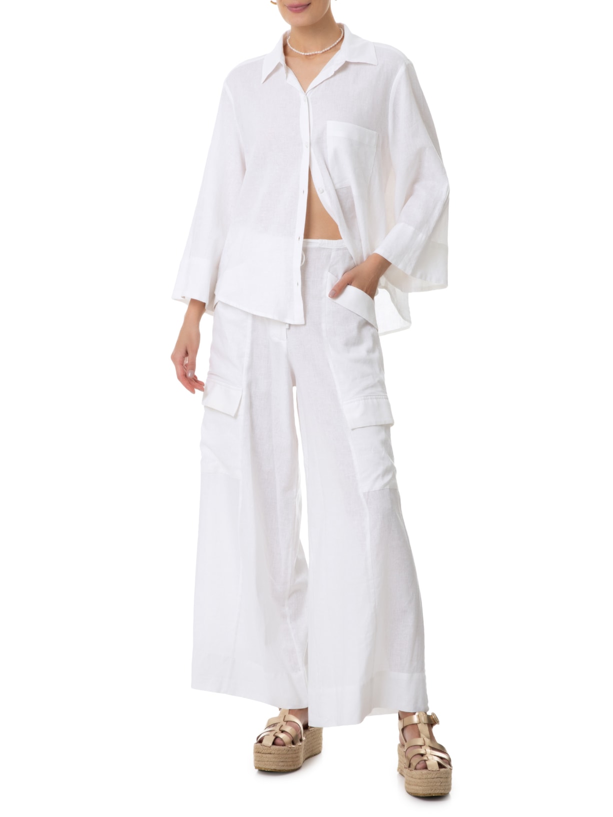 Calça Feminina Bolsos Cadarço Cintura Branco Dress To