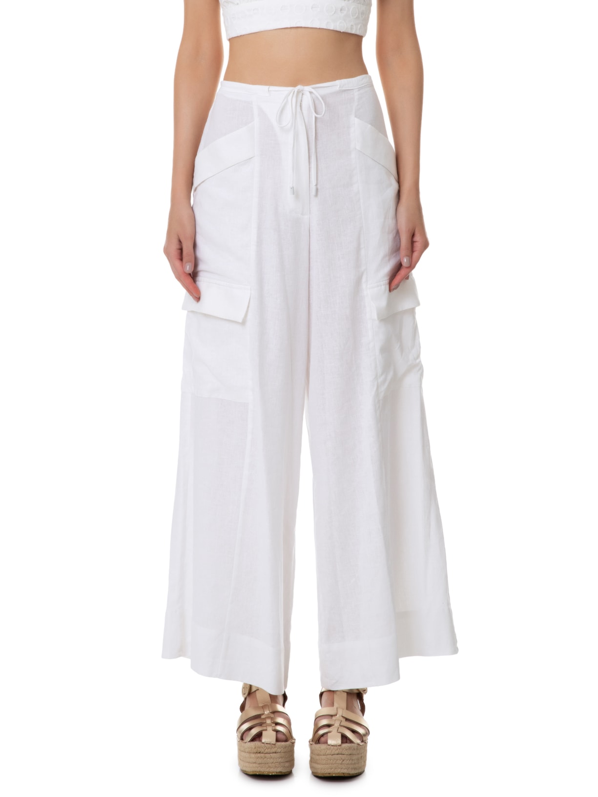 Calça Feminina Bolsos Cadarço Cintura Branco Dress To