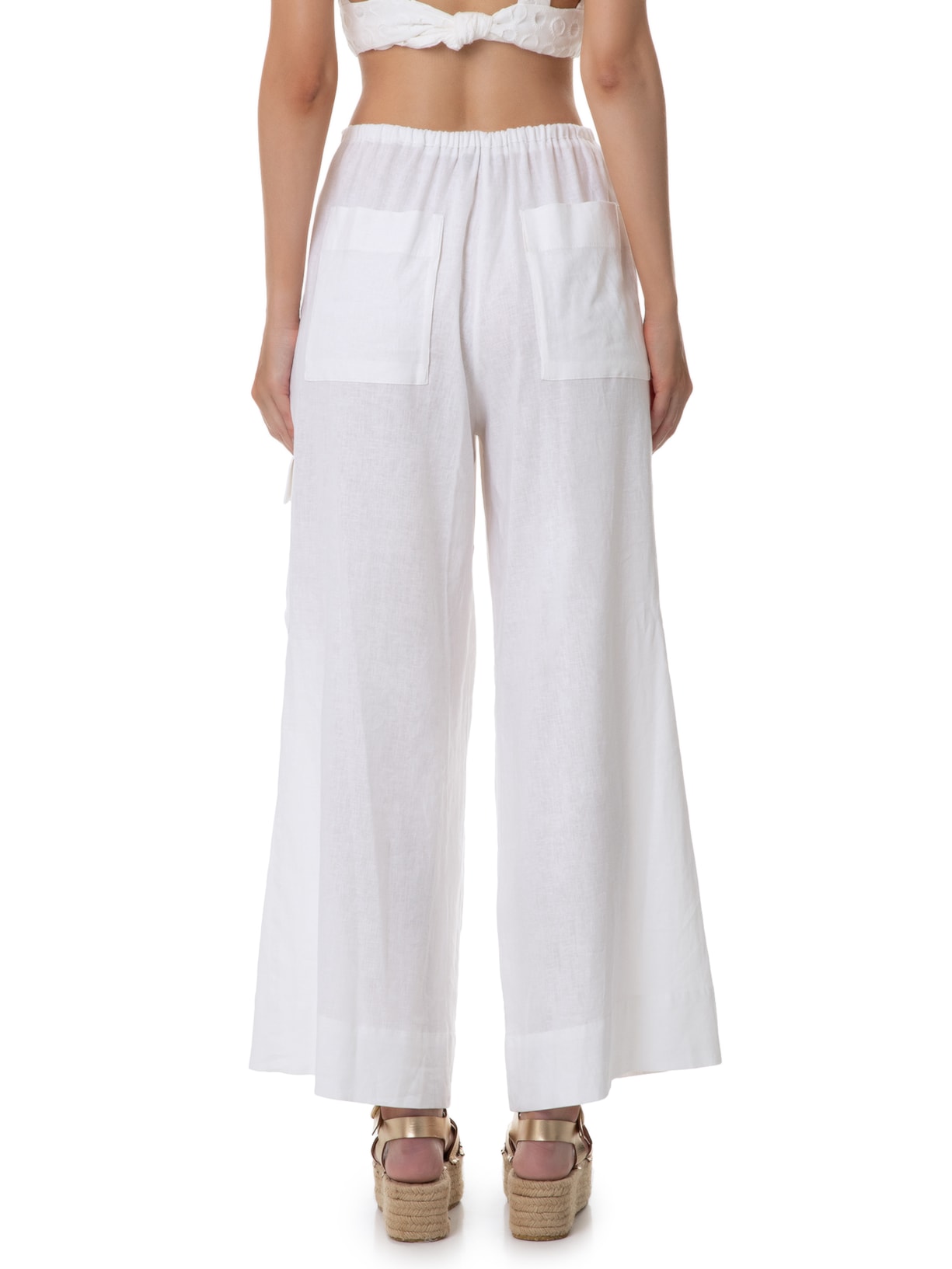 Calça Feminina Bolsos Cadarço Cintura Branco Dress To