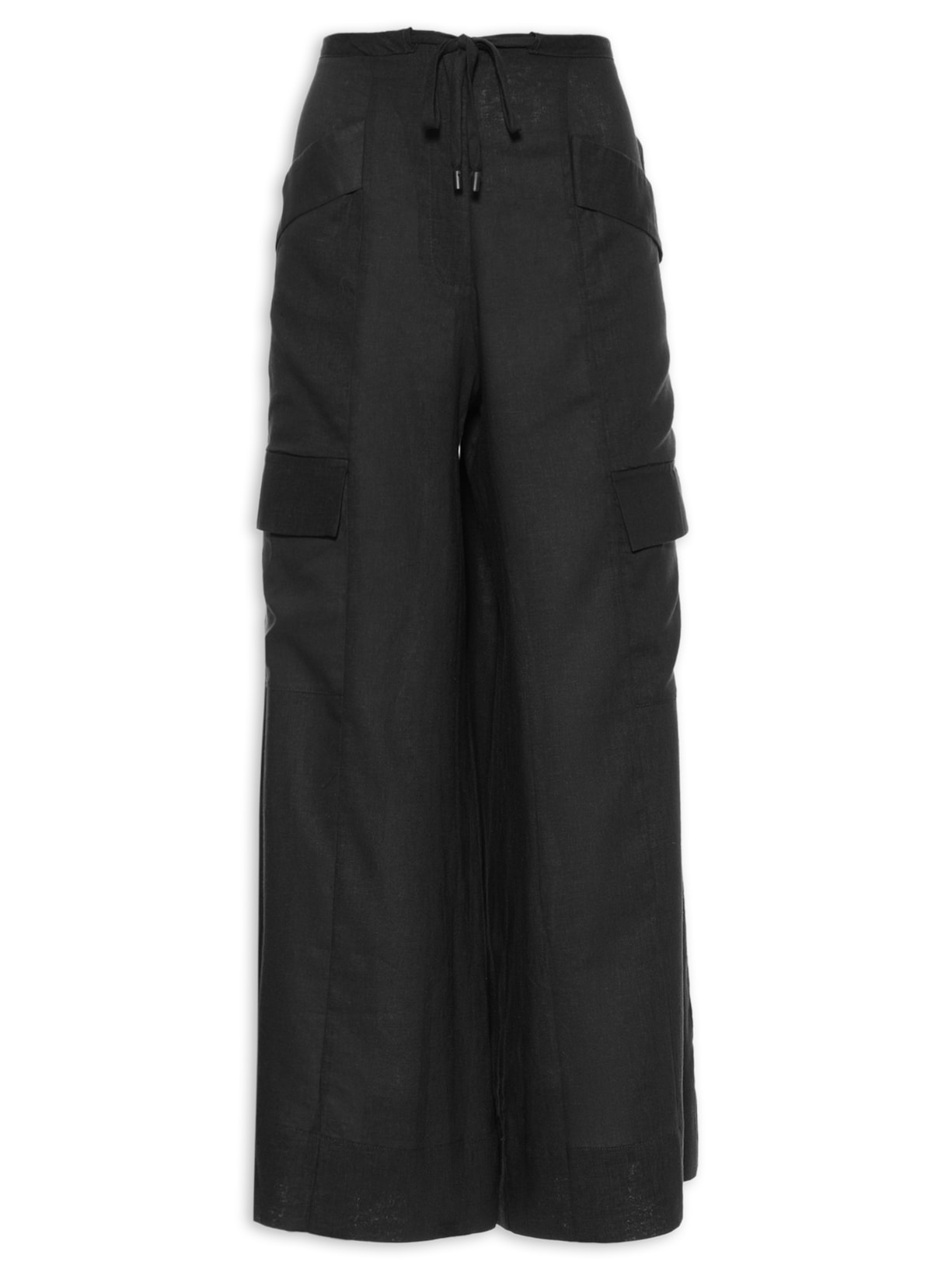 Calça Feminina Bolsos Cadarço Cintura - Preto