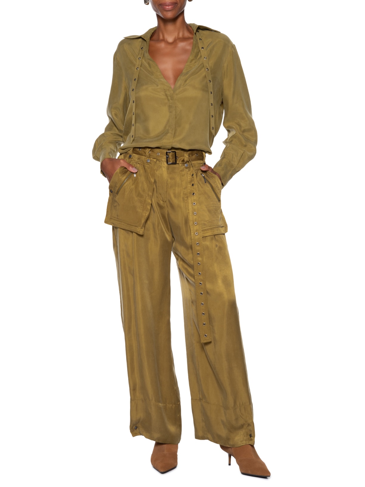 Calça Feminina Bolsos De Cupro Antique Com Cinto Em Ilhós Verde Animale
