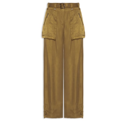 Calça Feminina Bolsos De Cupro Antique Com Cinto Em Ilhós - Verde