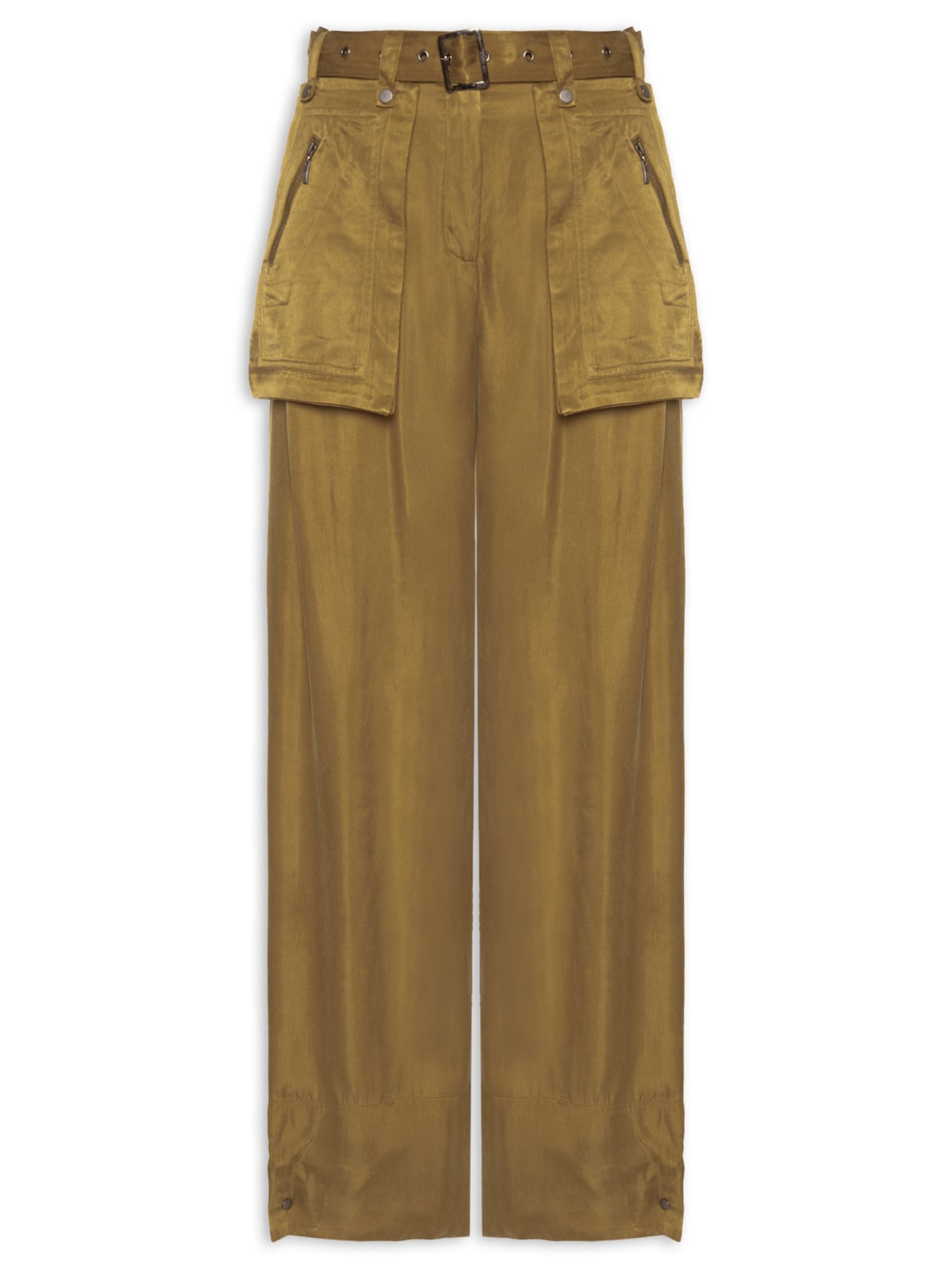 Calça Feminina Bolsos De Cupro Antique Com Cinto Em Ilhós - Verde