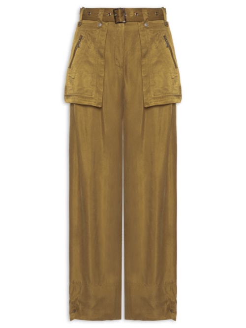 Calça Feminina Bolsos De Cupro Antique Com Cinto Em Ilhós - Verde