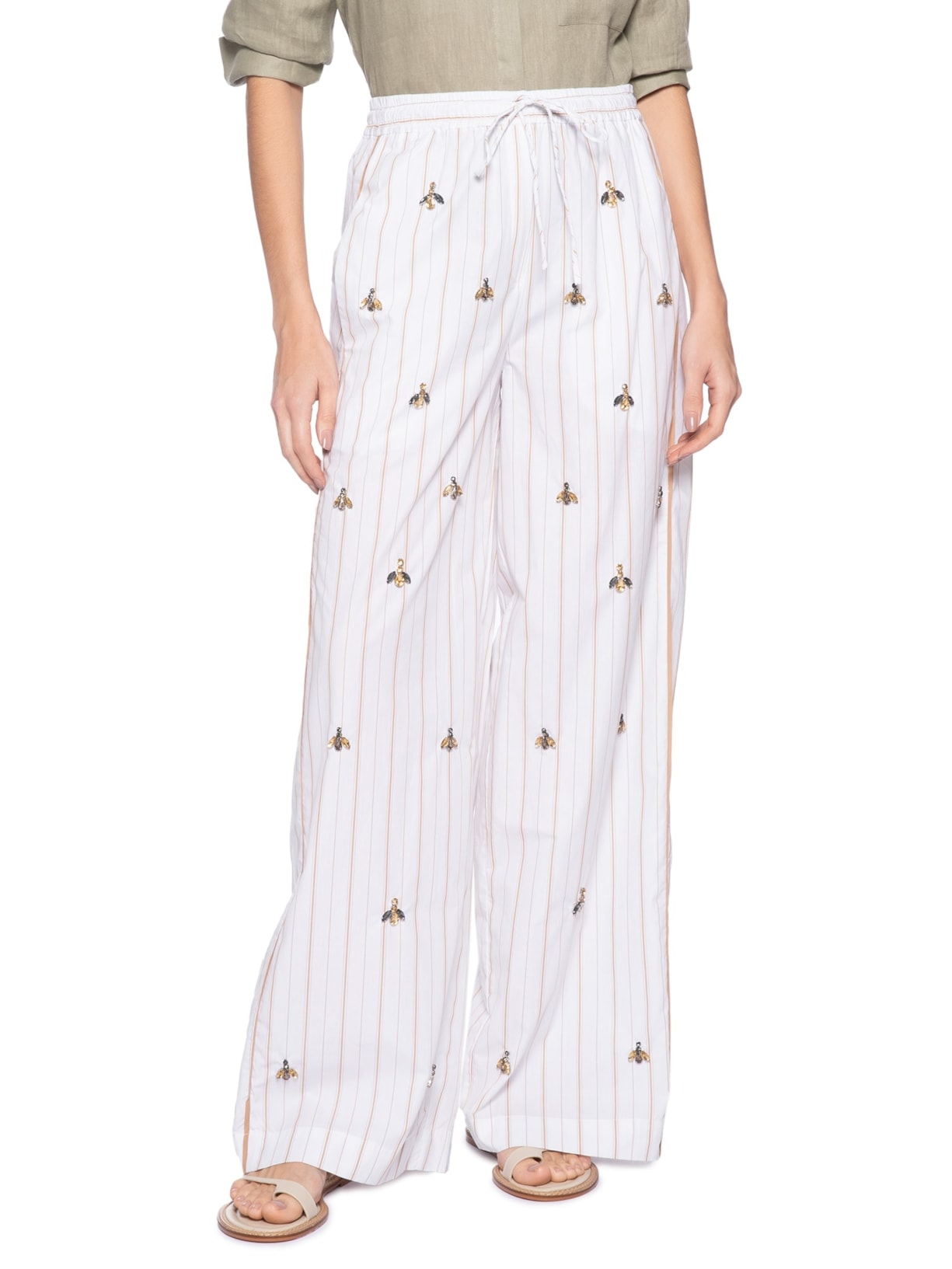 Calça Feminina Bordada Listra Mostarda Branco Animale