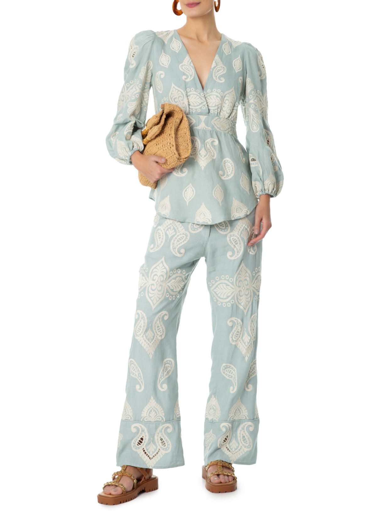 Calça Feminina Bordado Cristal Azul Maria Filó