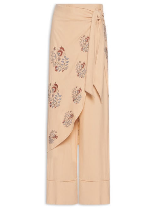 Calça Feminina Bordado Flor Retro - Bege