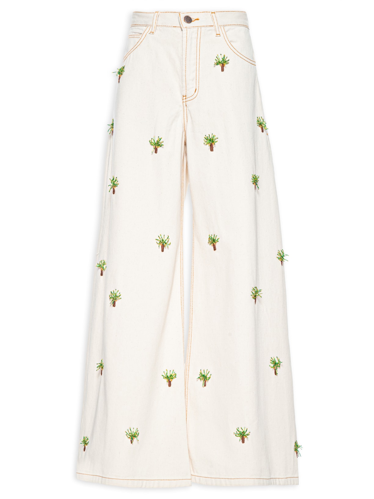 Calça Feminina Bordado Miçanga Coqueiros - Off White