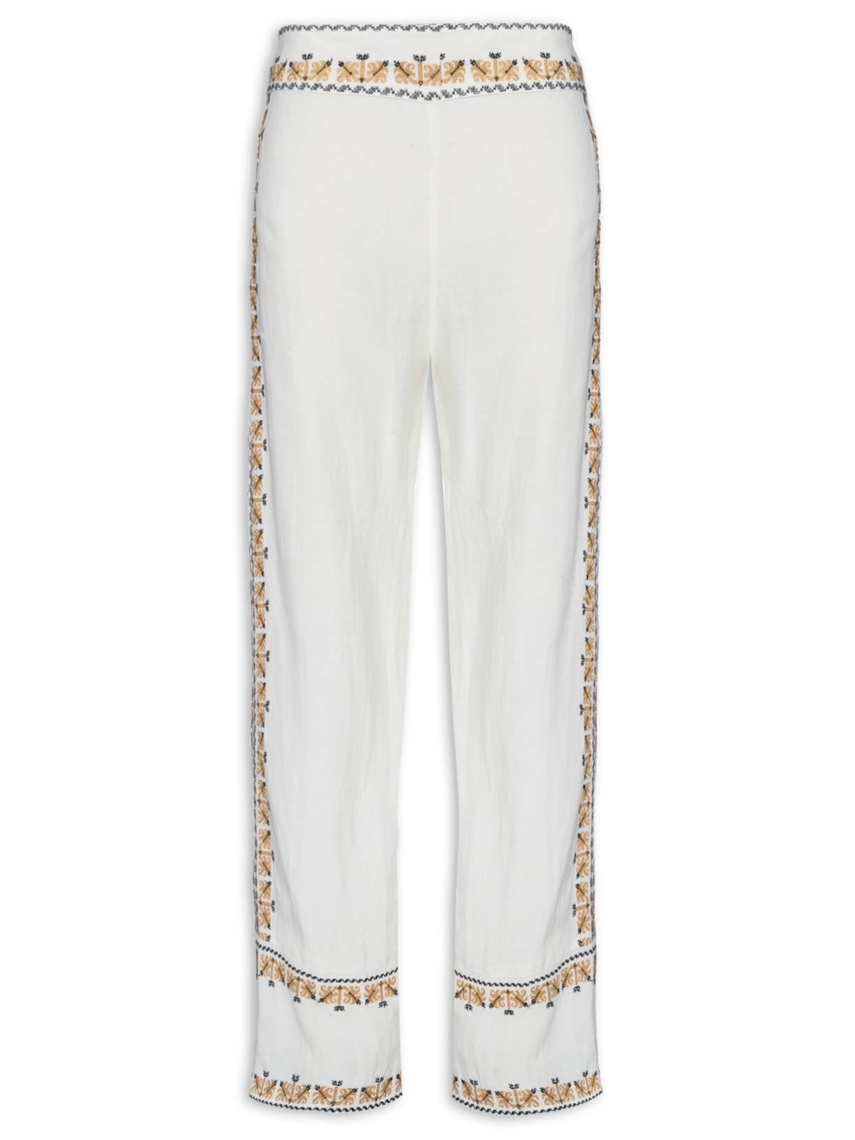 Calça Feminina Bordado Ponto Cruz Ouro - Off White