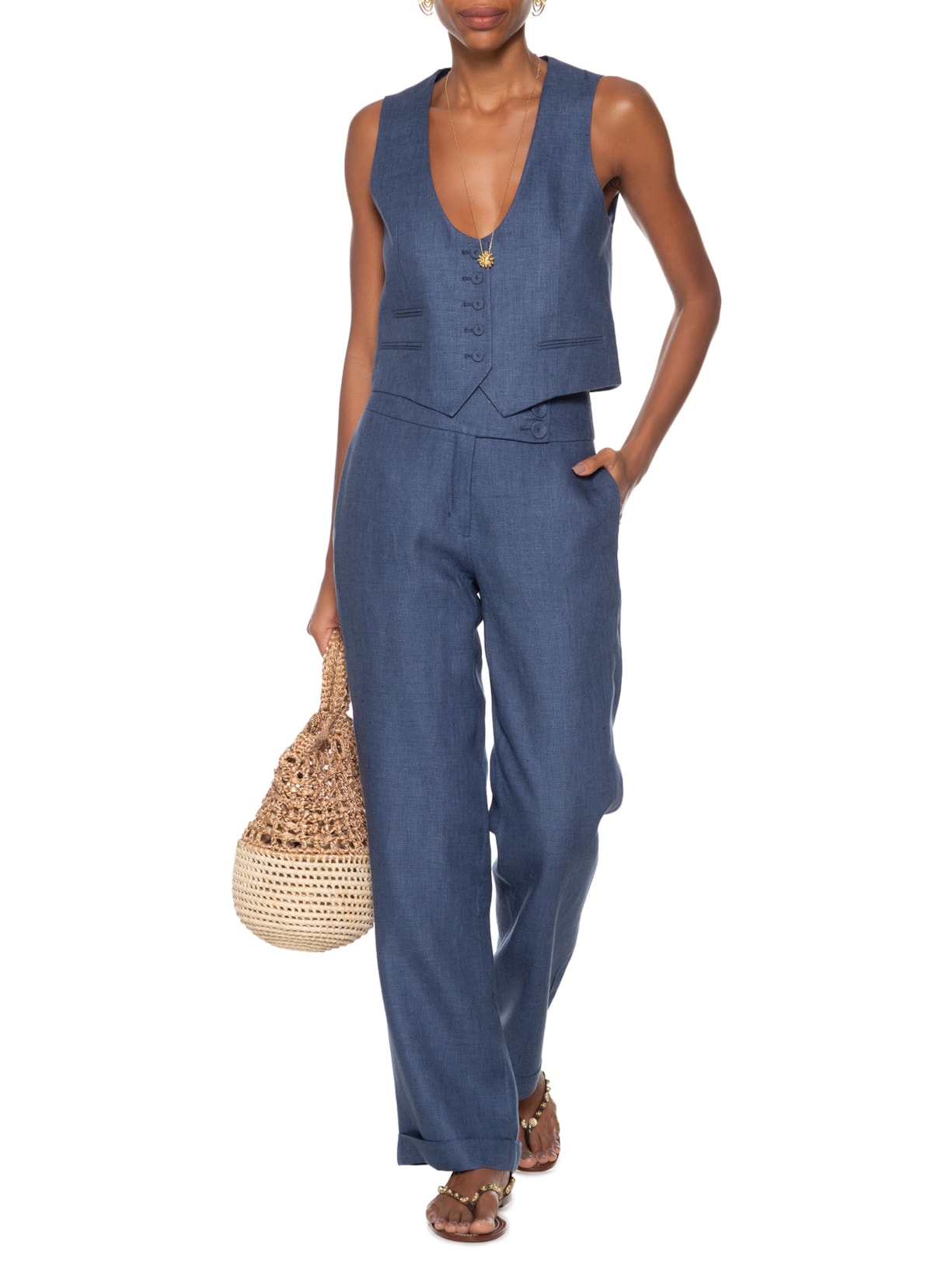 Calça Feminina Botões Azul Maria Filó