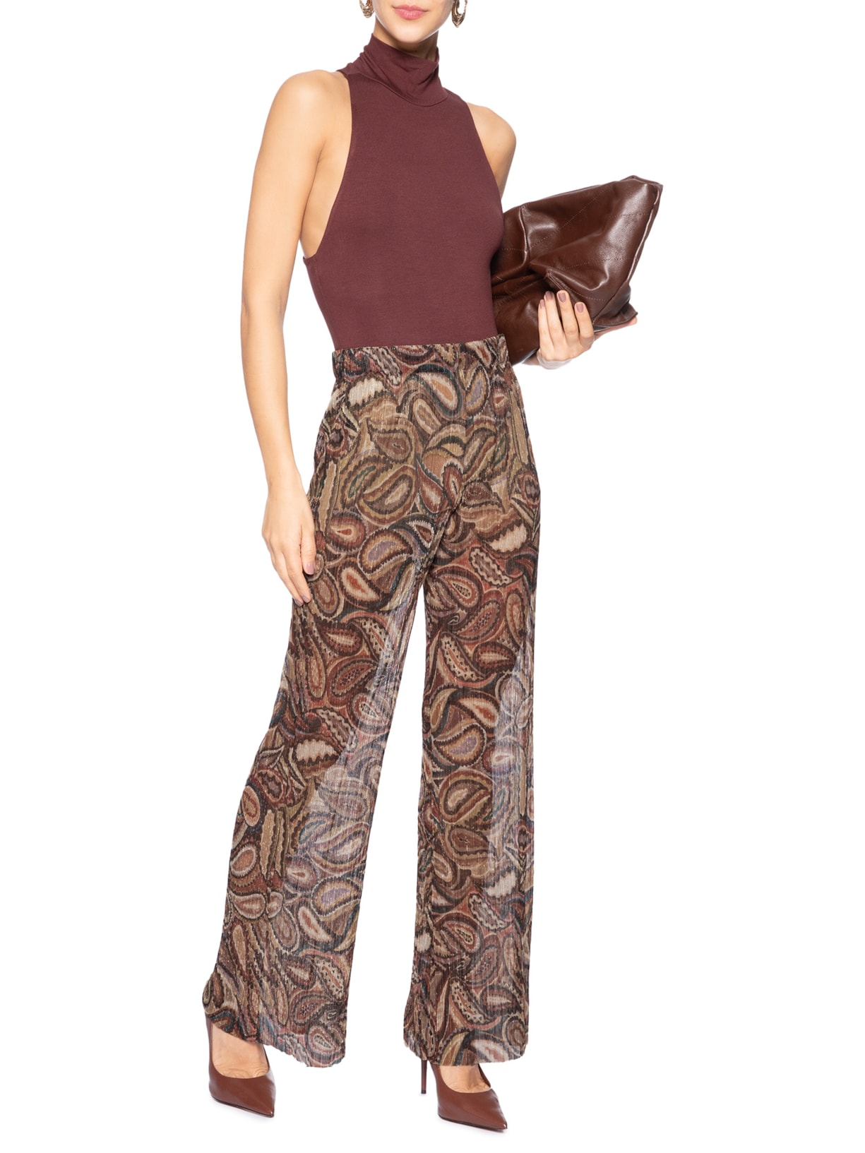 Calça Feminina Brilho Lurex Paisley Marrom Animale