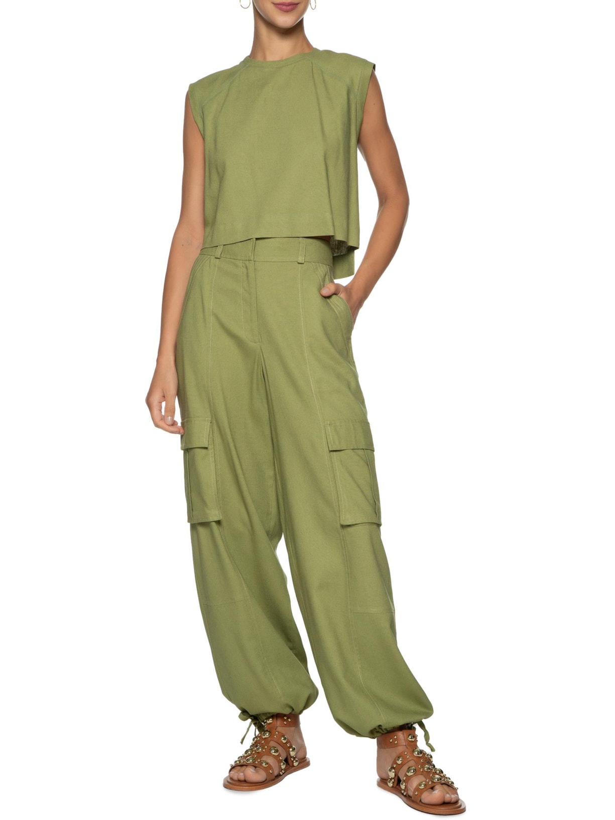 Calça Feminina Cargo Linho Utilitária Dress To Verde