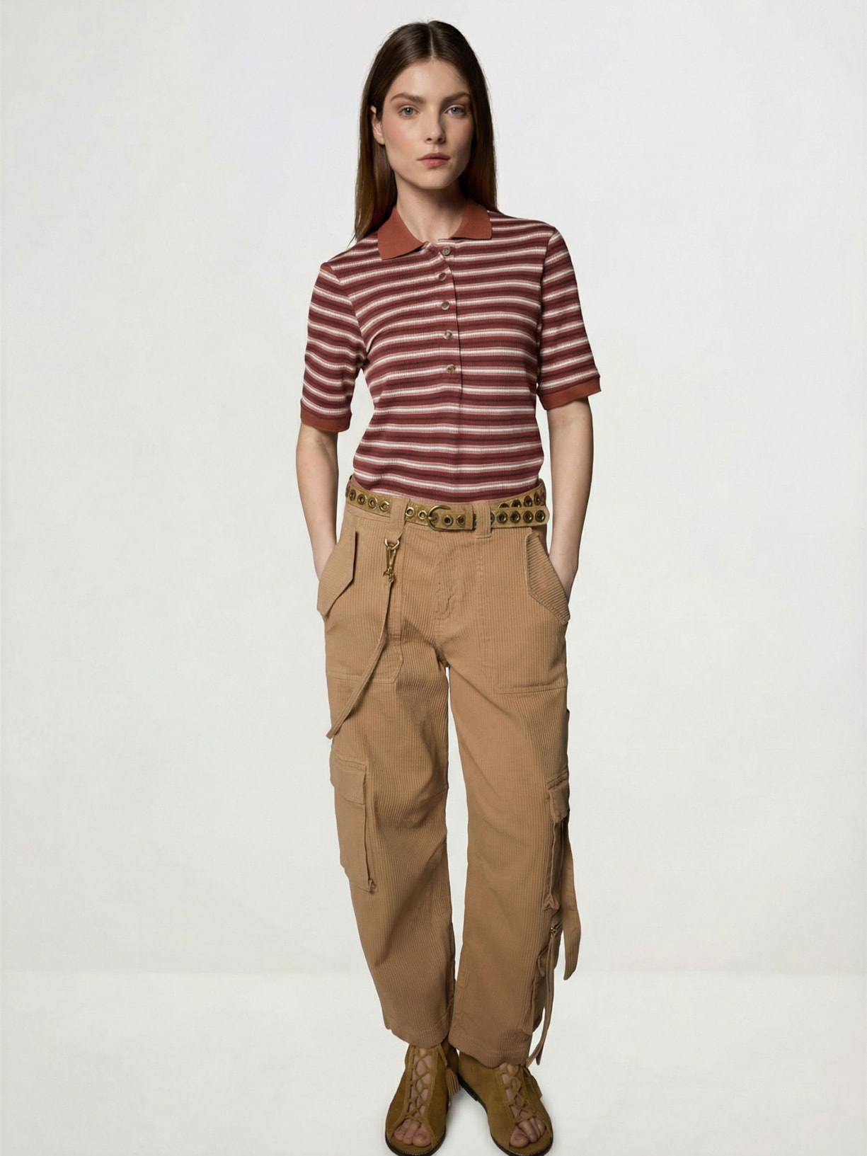 Calça Feminina Carol Sarja Canelada I26 Bege Mixed