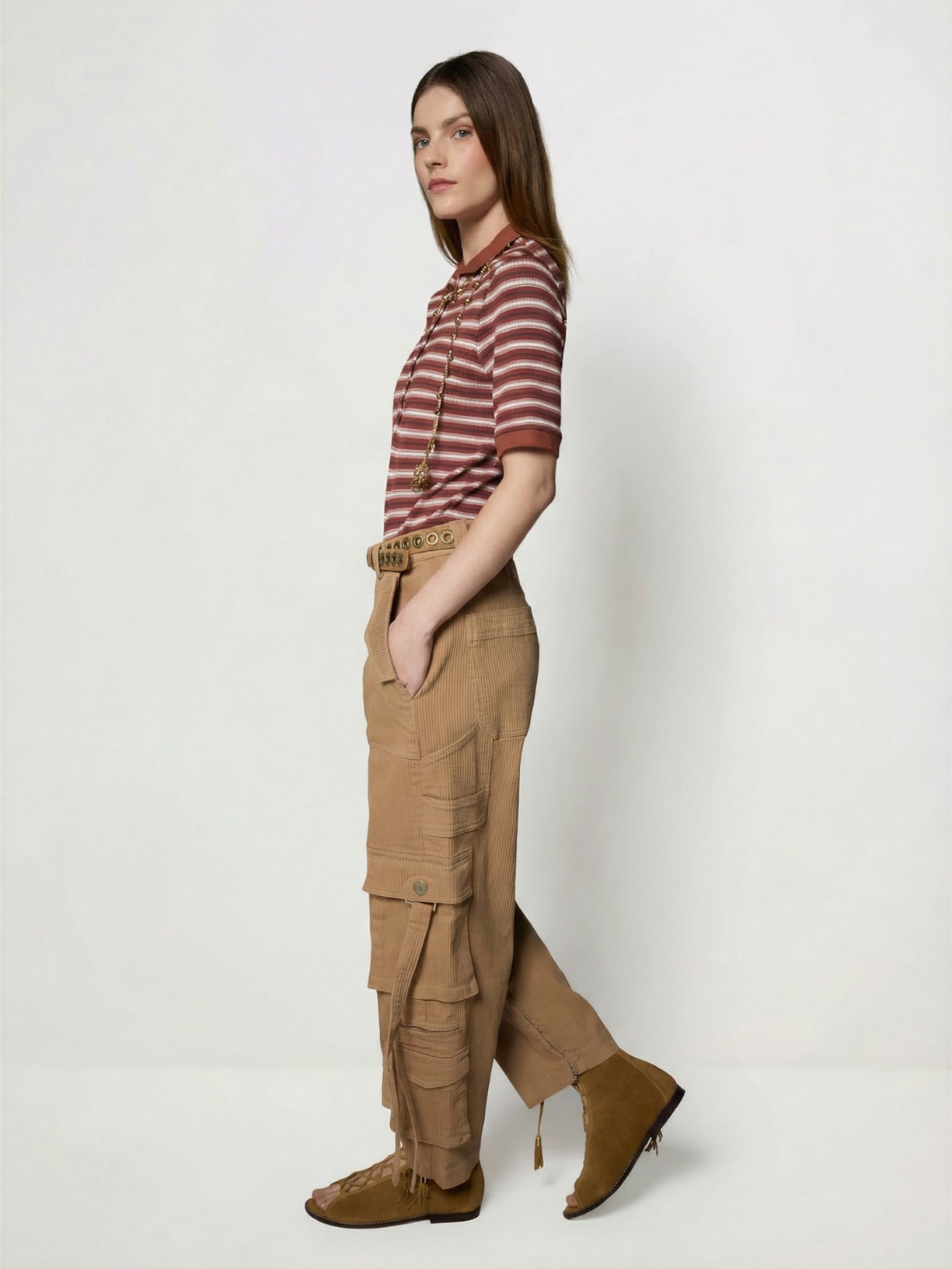 Calça Feminina Carol Sarja Canelada I26 Bege Mixed