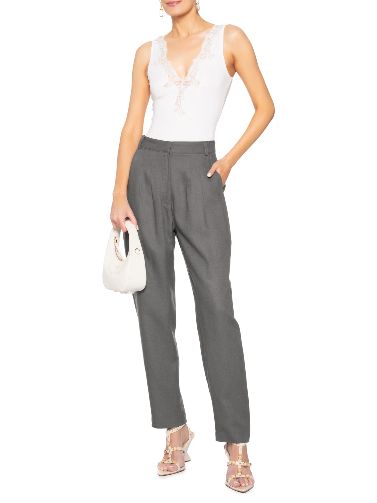 Calça Feminina Carrot Cintura Média Cinza Bo