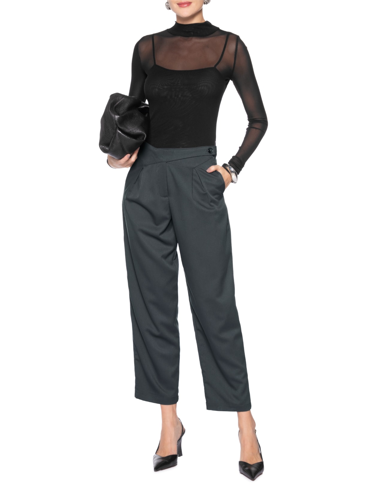 Calça Feminina Cenoura Com Cós Assimétrico Cinza Market 33