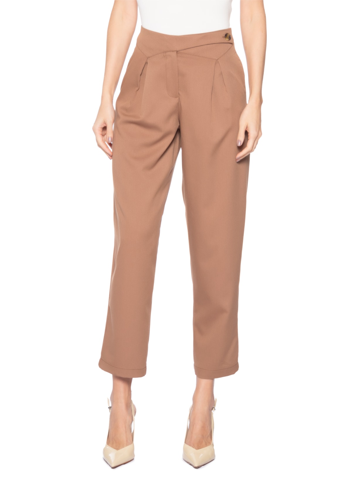 Calça Feminina Cenoura Com Cós Assimétrico Marrom Market 33