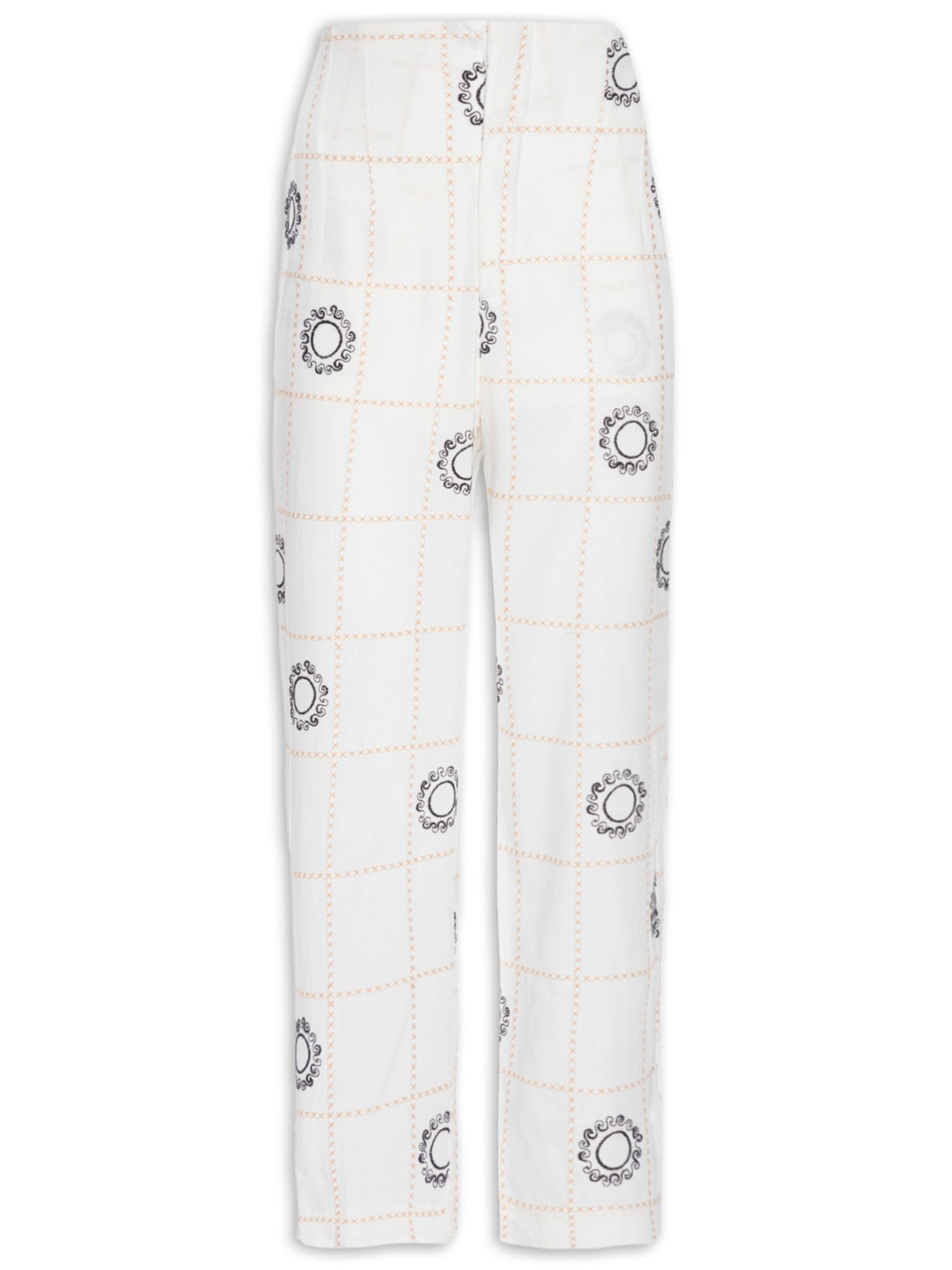 Calça Feminina Cenoura Linho Bordado Sol - Branco