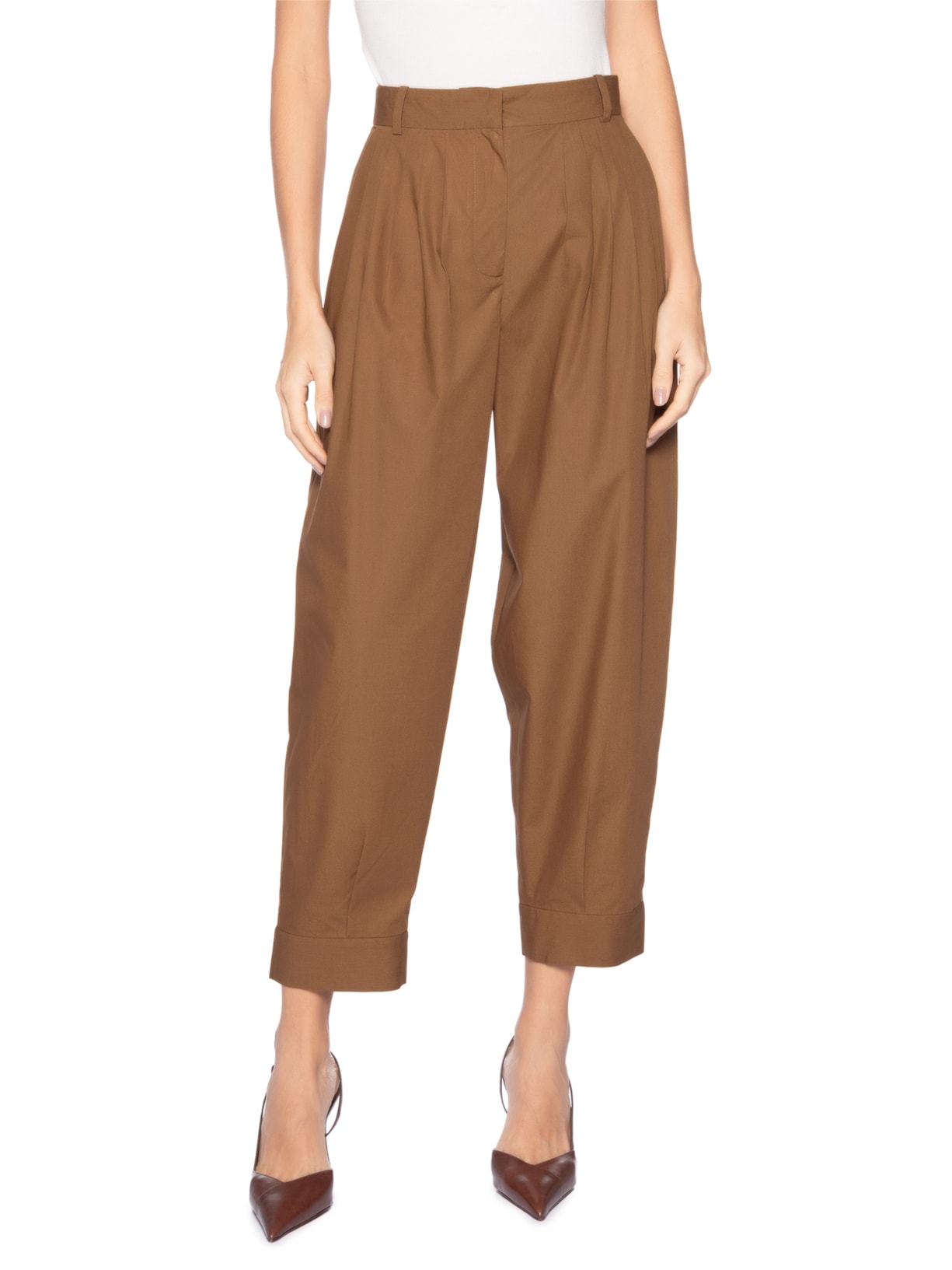 Calça Feminina Cenoura Mini Pregas Marrom Andrea Marques