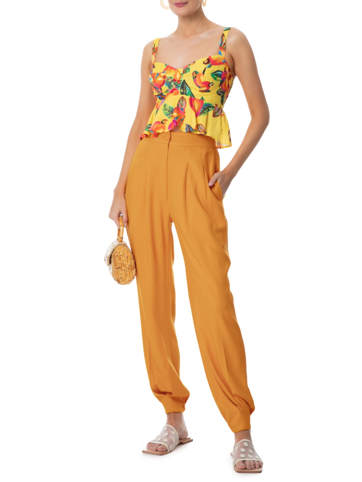 Calça Feminina Cenoura Pregas Laranja Farm