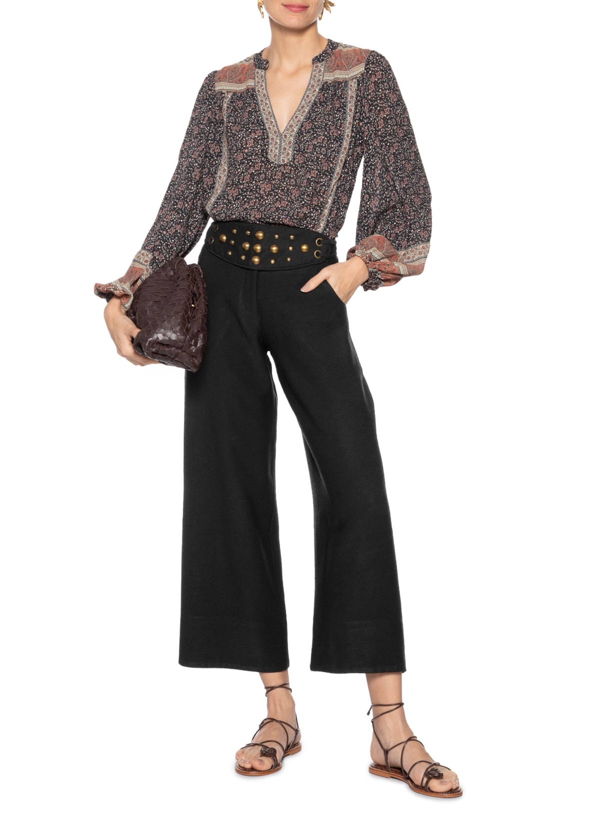 Calça Feminina Cinto Tachas Preto Maria Filó