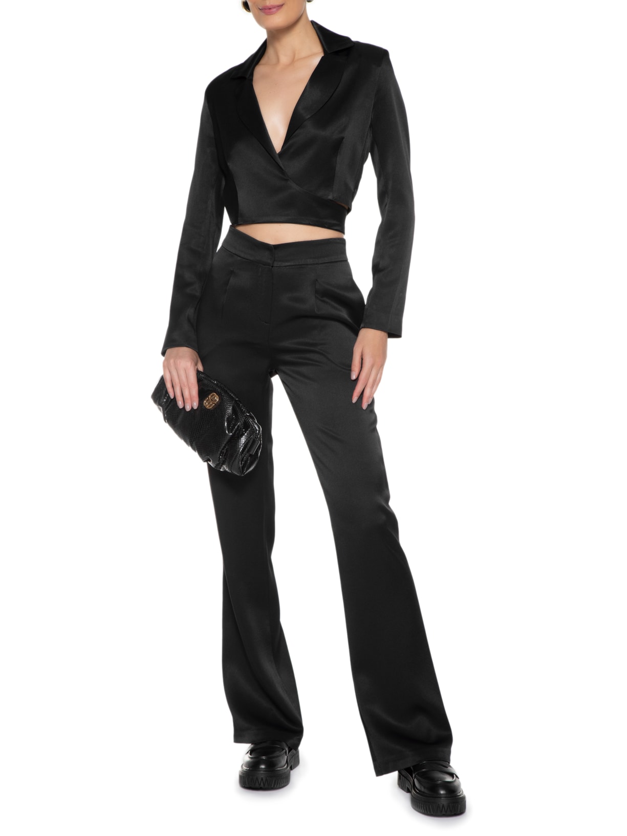 Calça Feminina Cintura Alta Bootcut Em Crepe Preto '2Essential