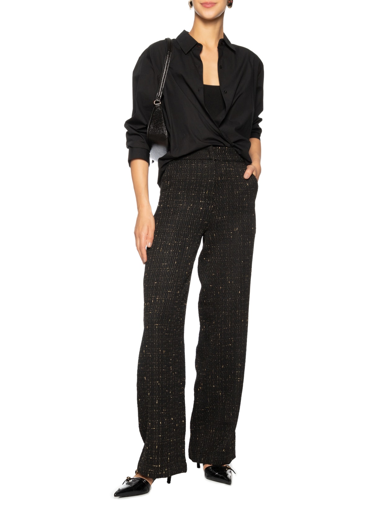 Calça Feminina Cintura Alta Reta Em Tweed Preto '2Essential