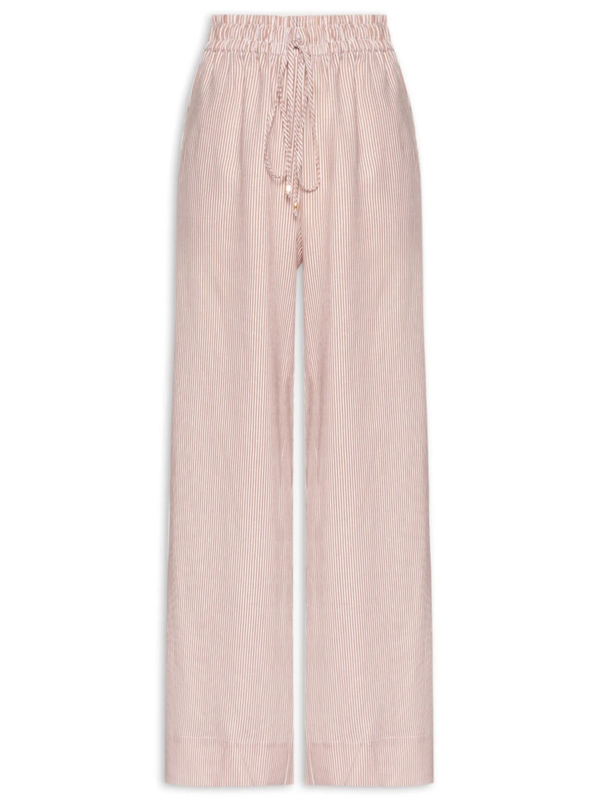 Calça Feminina Cintura Média com Cós de Elástico em Linho Puro Listrado - Bege