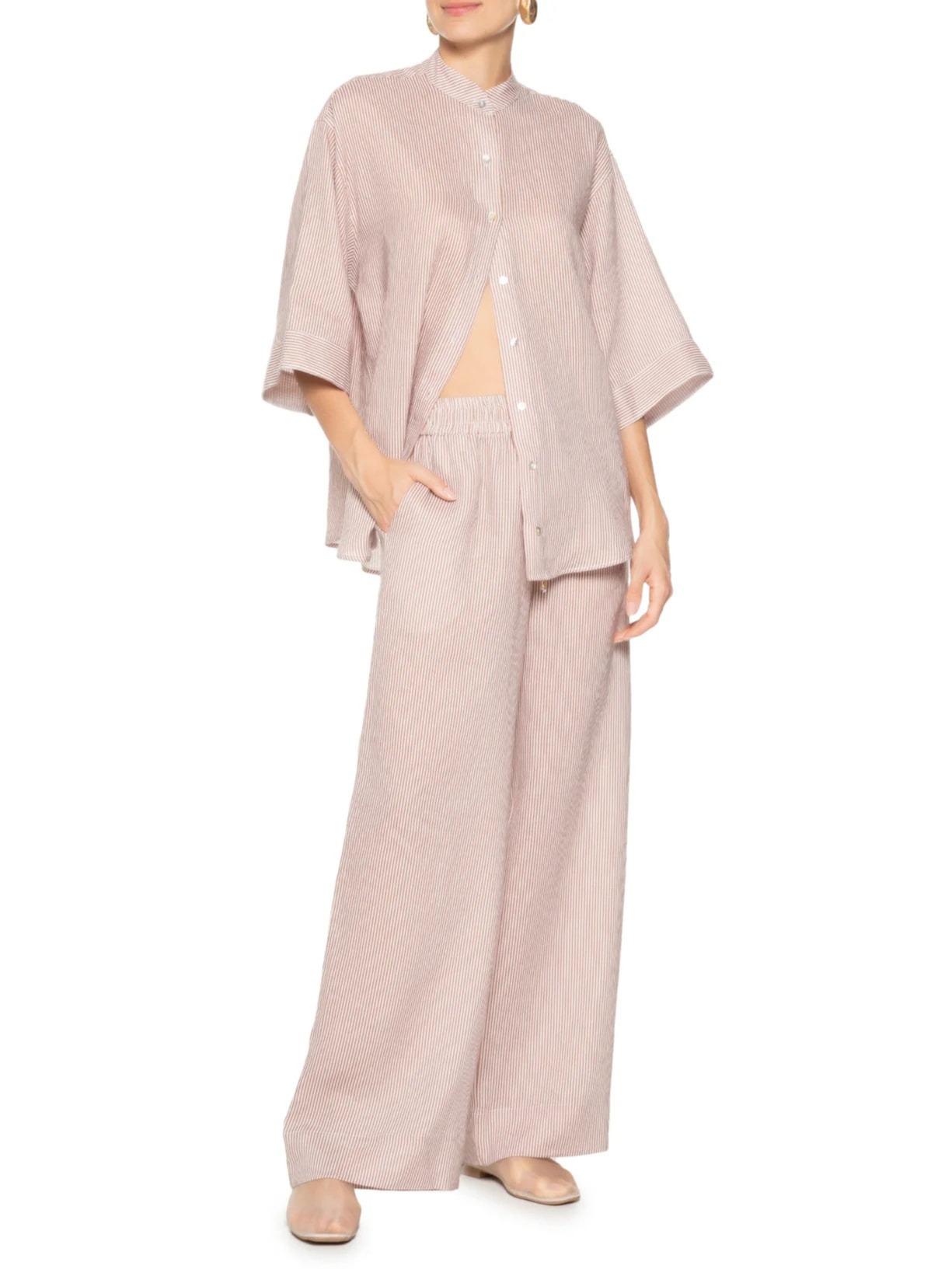 Calça Feminina Cintura Média com Cós de Elástico em Linho Puro Listrado Bege '2Essential