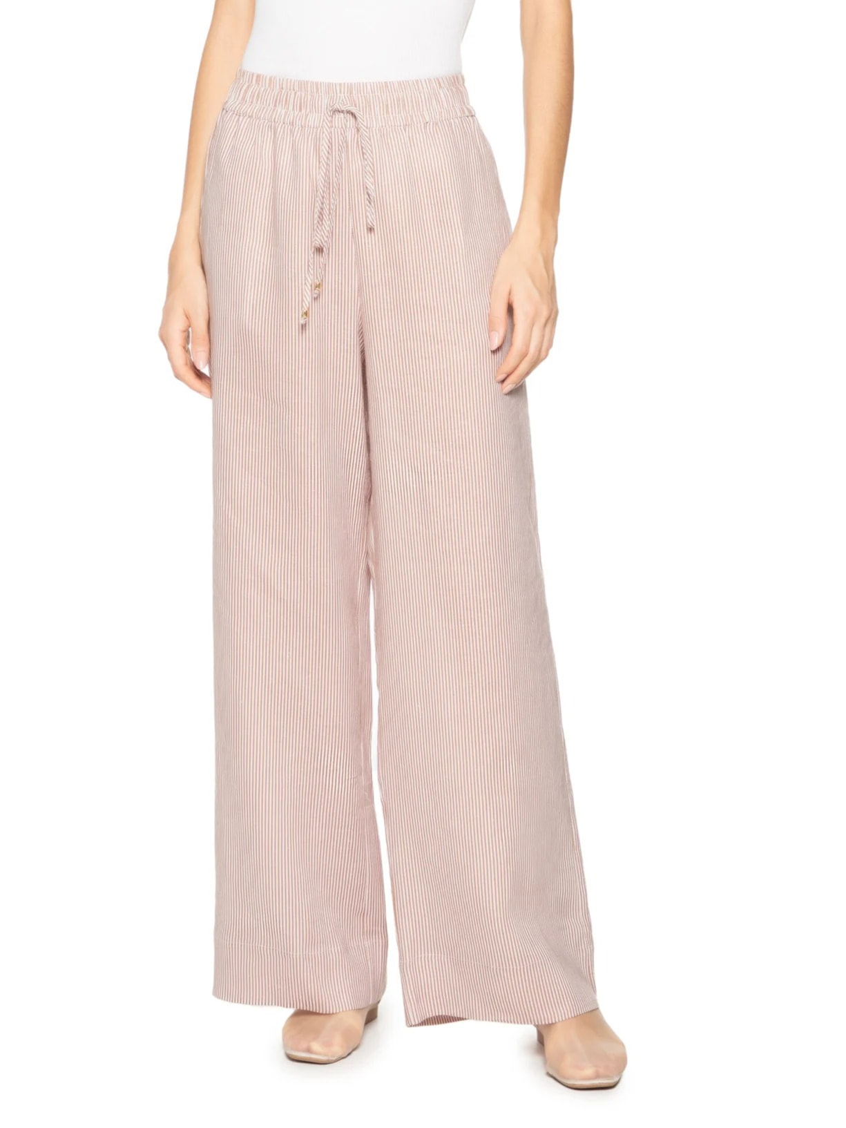 Calça Feminina Cintura Média com Cós de Elástico em Linho Puro Listrado Bege '2Essential