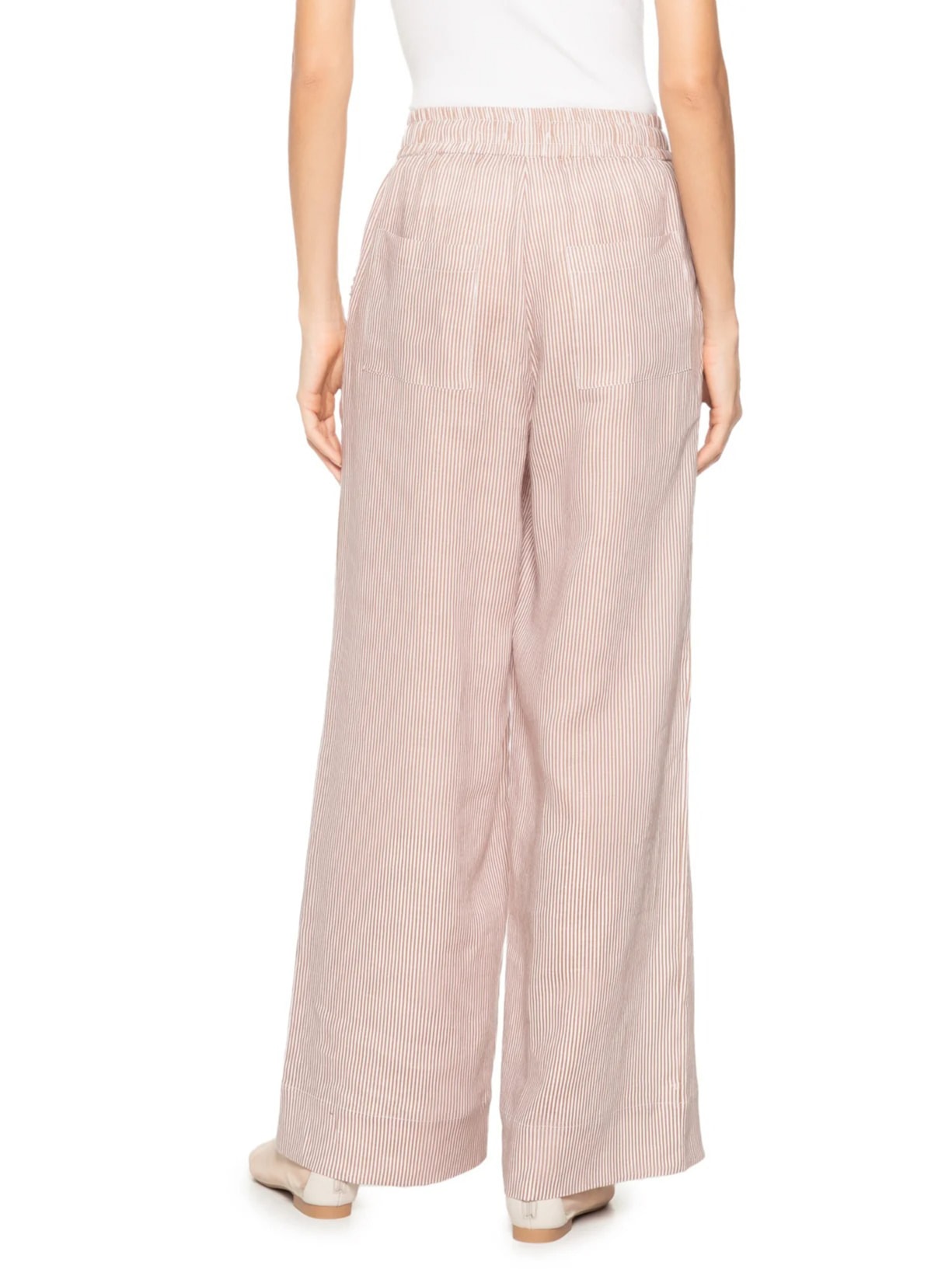 Calça Feminina Cintura Média com Cós de Elástico em Linho Puro Listrado Bege '2Essential