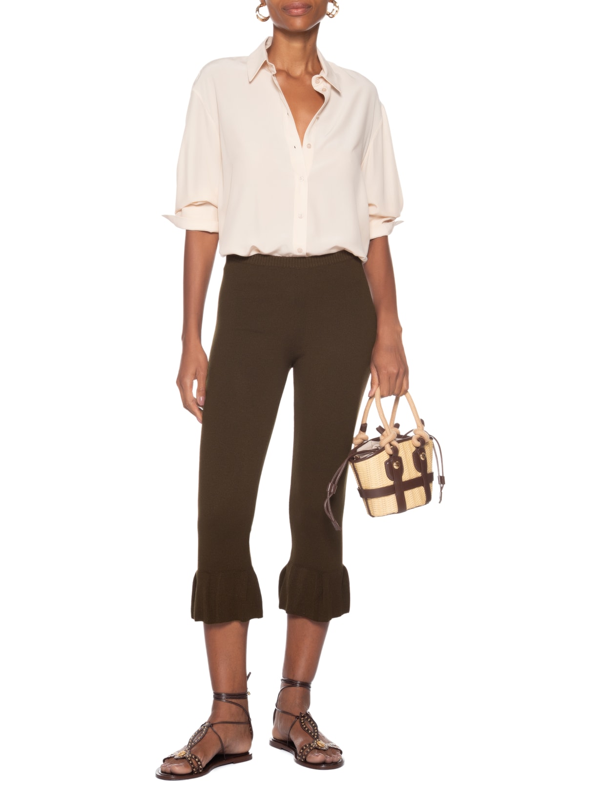 Calça Feminina Corsário Babado Marrom Valônia Véras