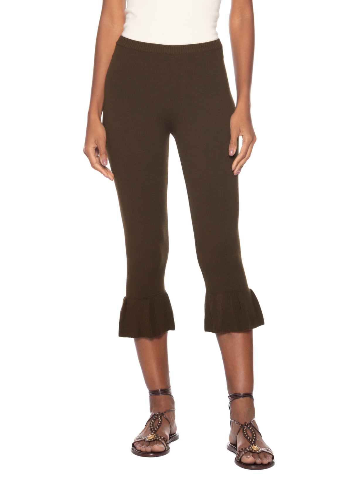 Calça Feminina Corsário Babado Marrom Valônia Véras