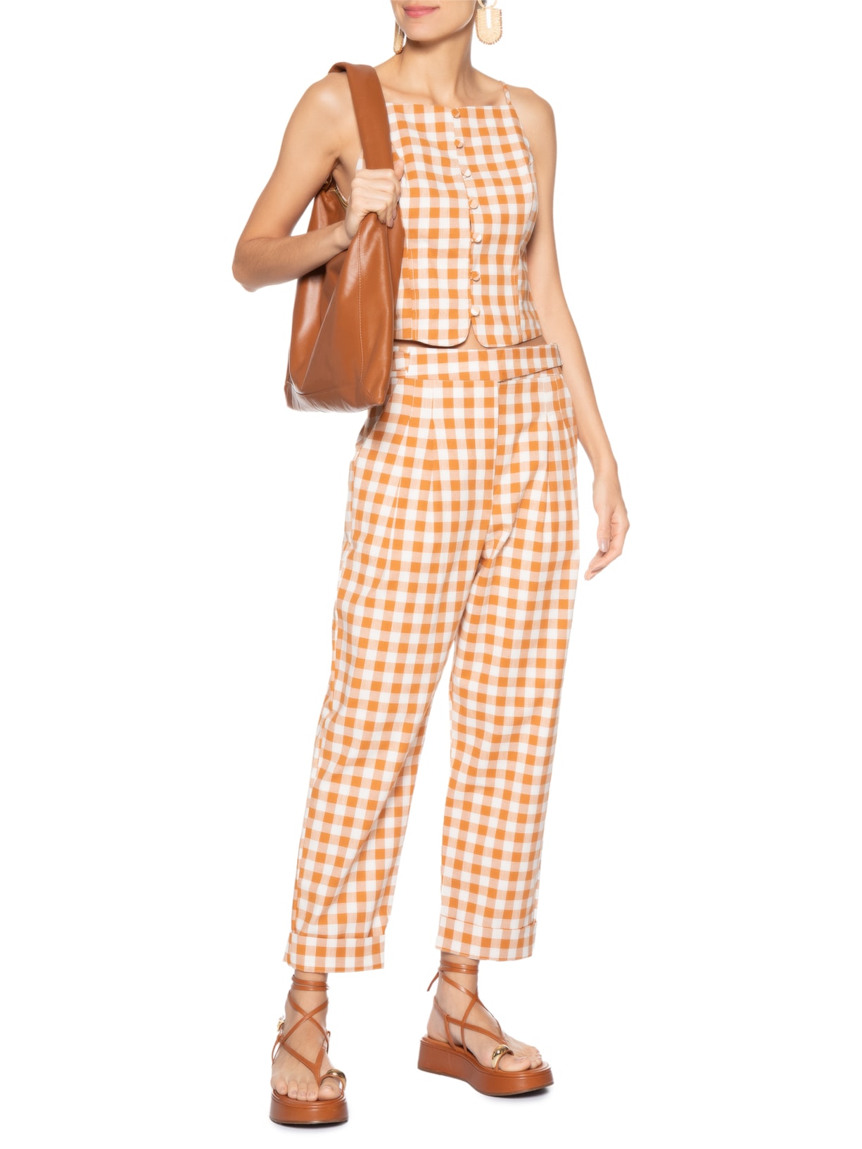 Calça Feminina Cropped Algodão Xadrez Bege Dress To