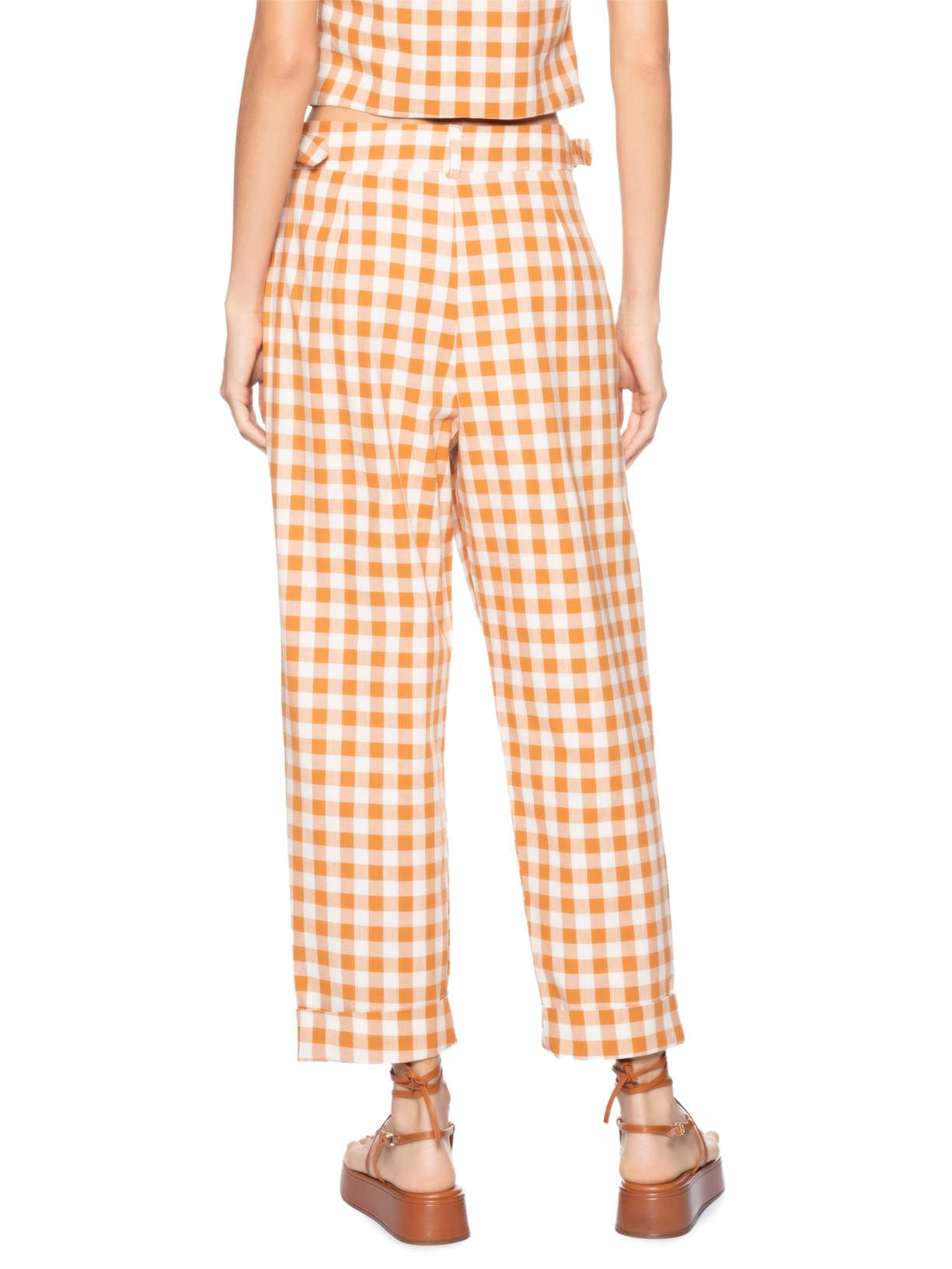 Calça Feminina Cropped Algodão Xadrez Bege Dress To