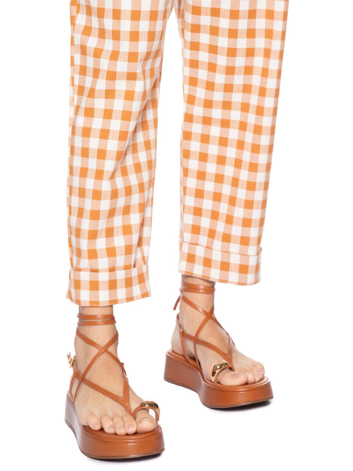 Calça Feminina Cropped Algodão Xadrez Bege Dress To