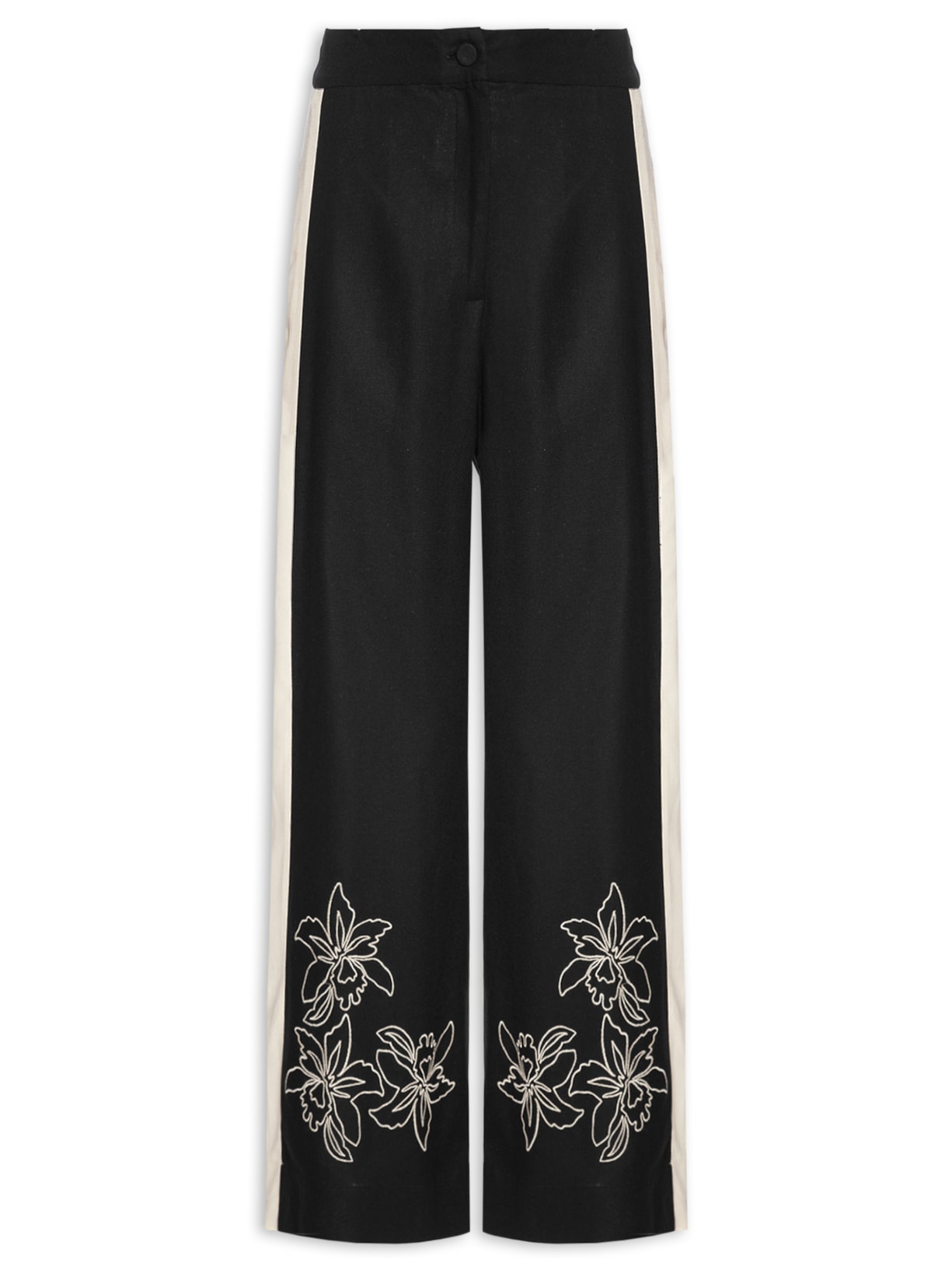Calça Feminina Cropped Linho Bordado Floral Preto Dress To