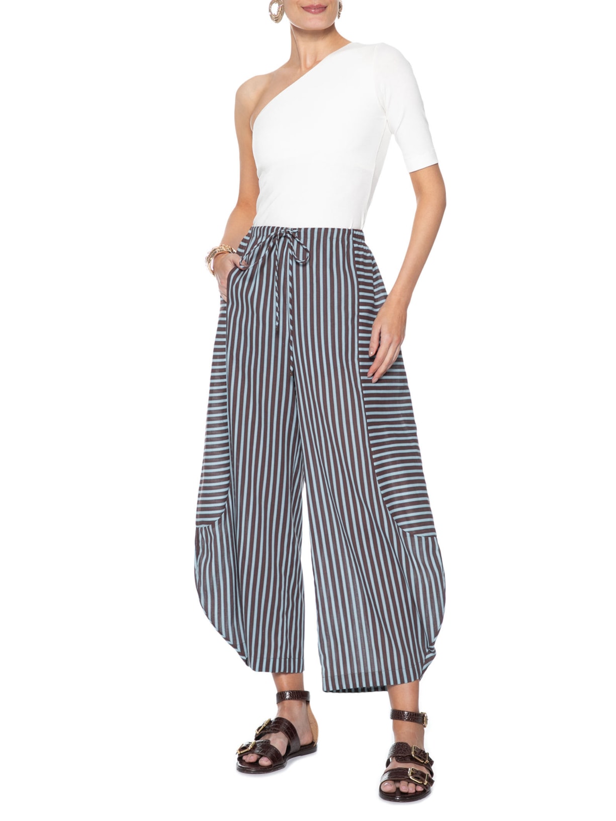 Calça Feminina De Algodão Recortes Lateral Listra Marrom Animale