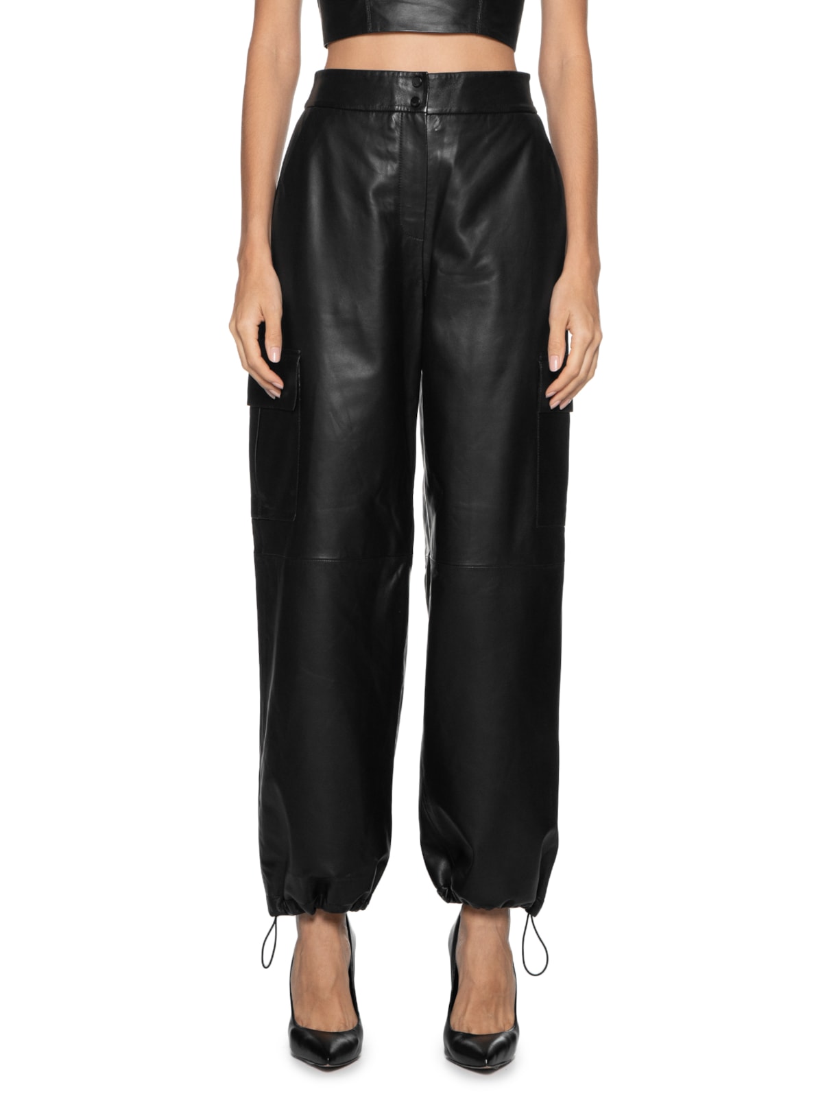 Calça Feminina De Couro Bolso Lateral Preto Animale