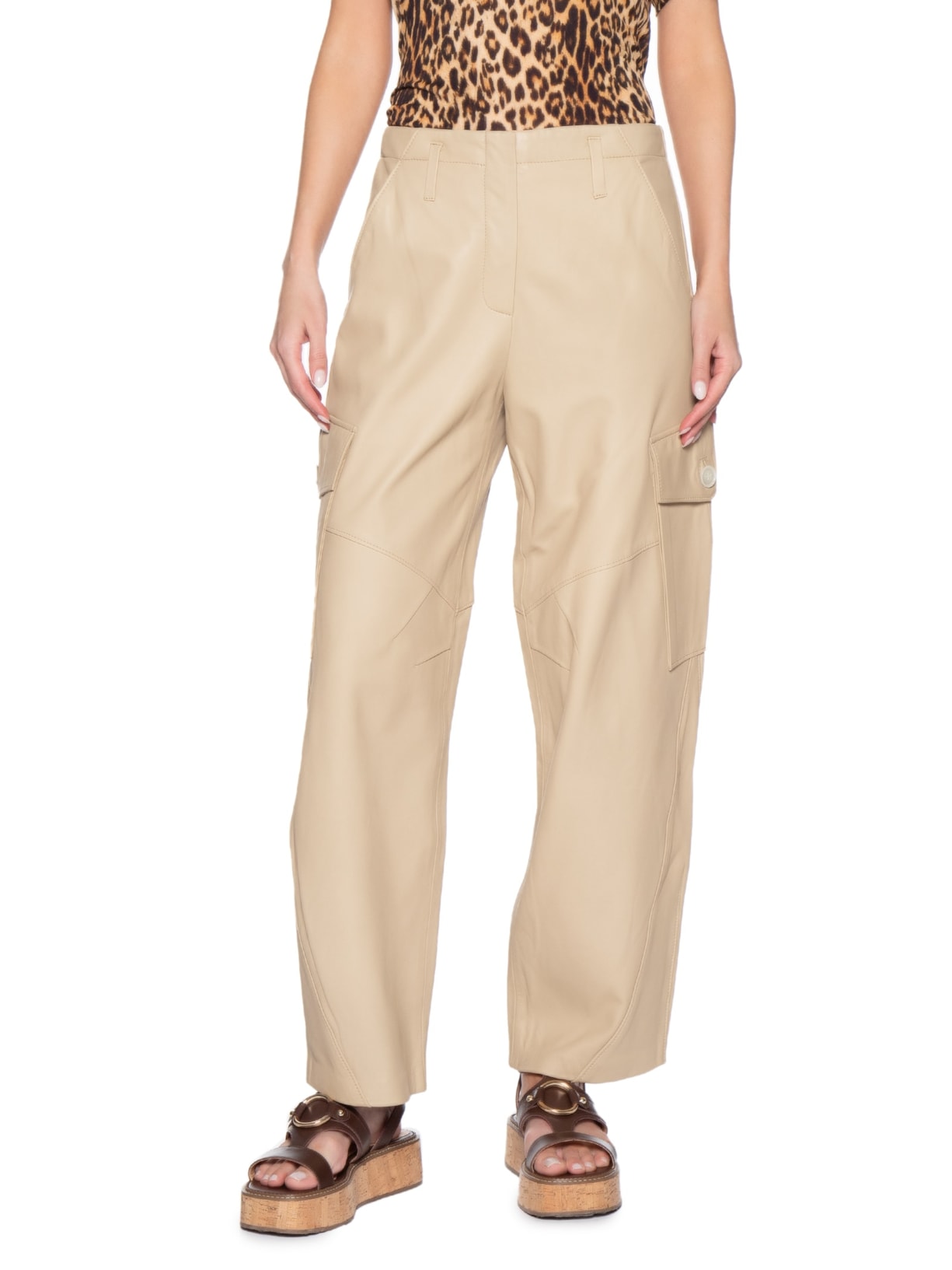 Calça Feminina de Couro Cargo Pespontos – Bege Animale