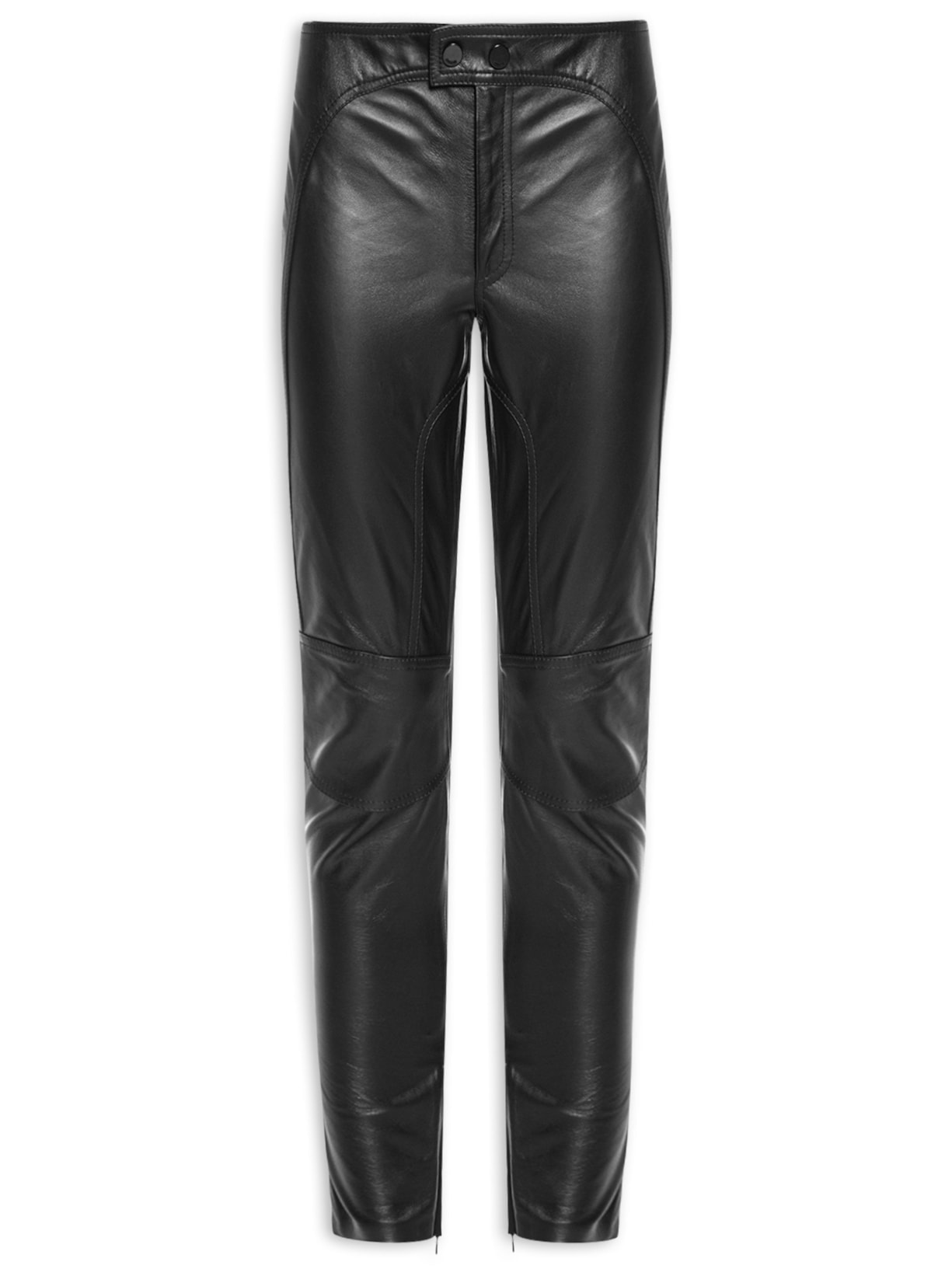 Calça Feminina De Couro E Malha Zíperes Recortes - Preto