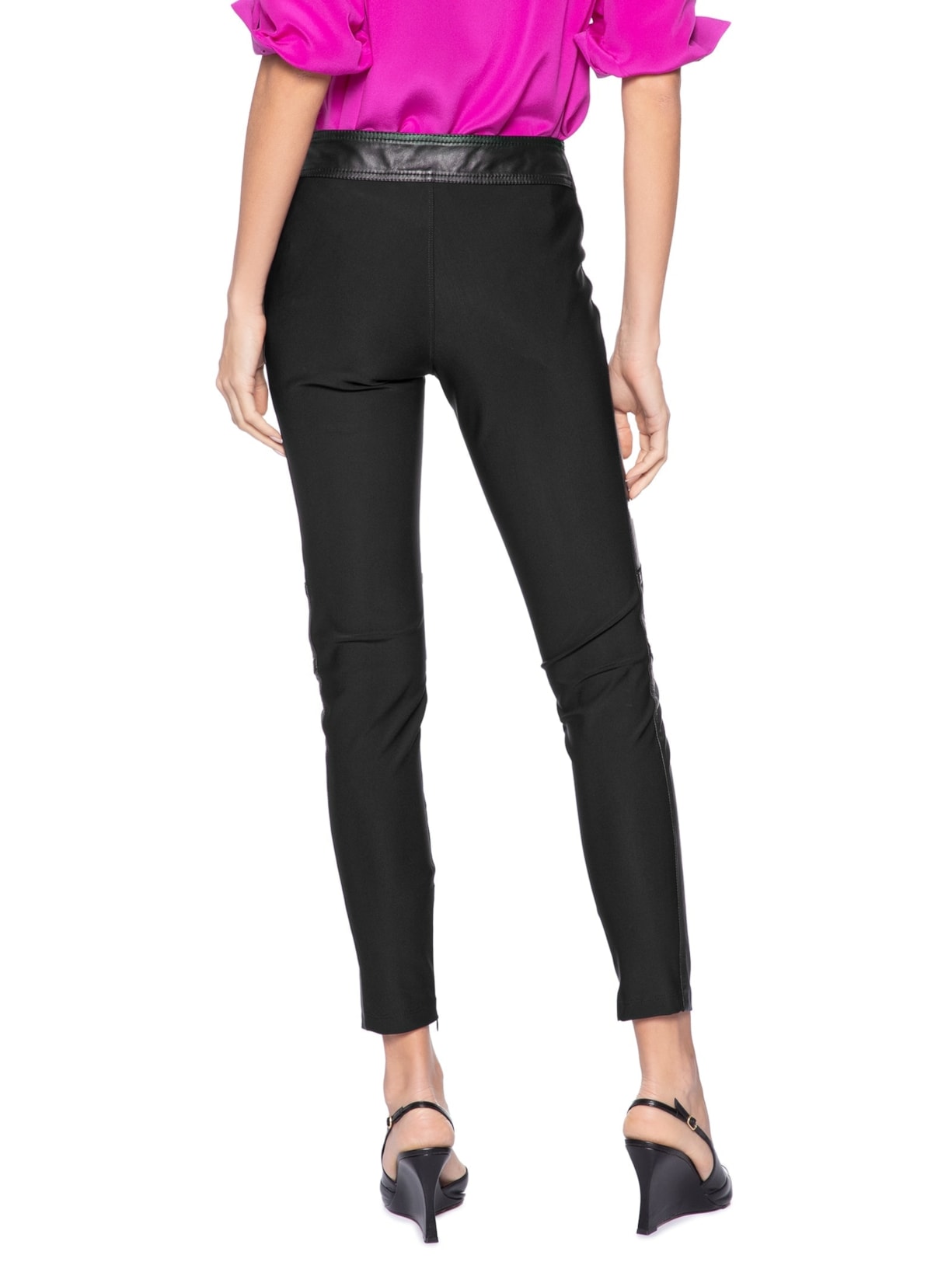 Calça Feminina De Couro E Malha Zíperes Recortes Preto Animale