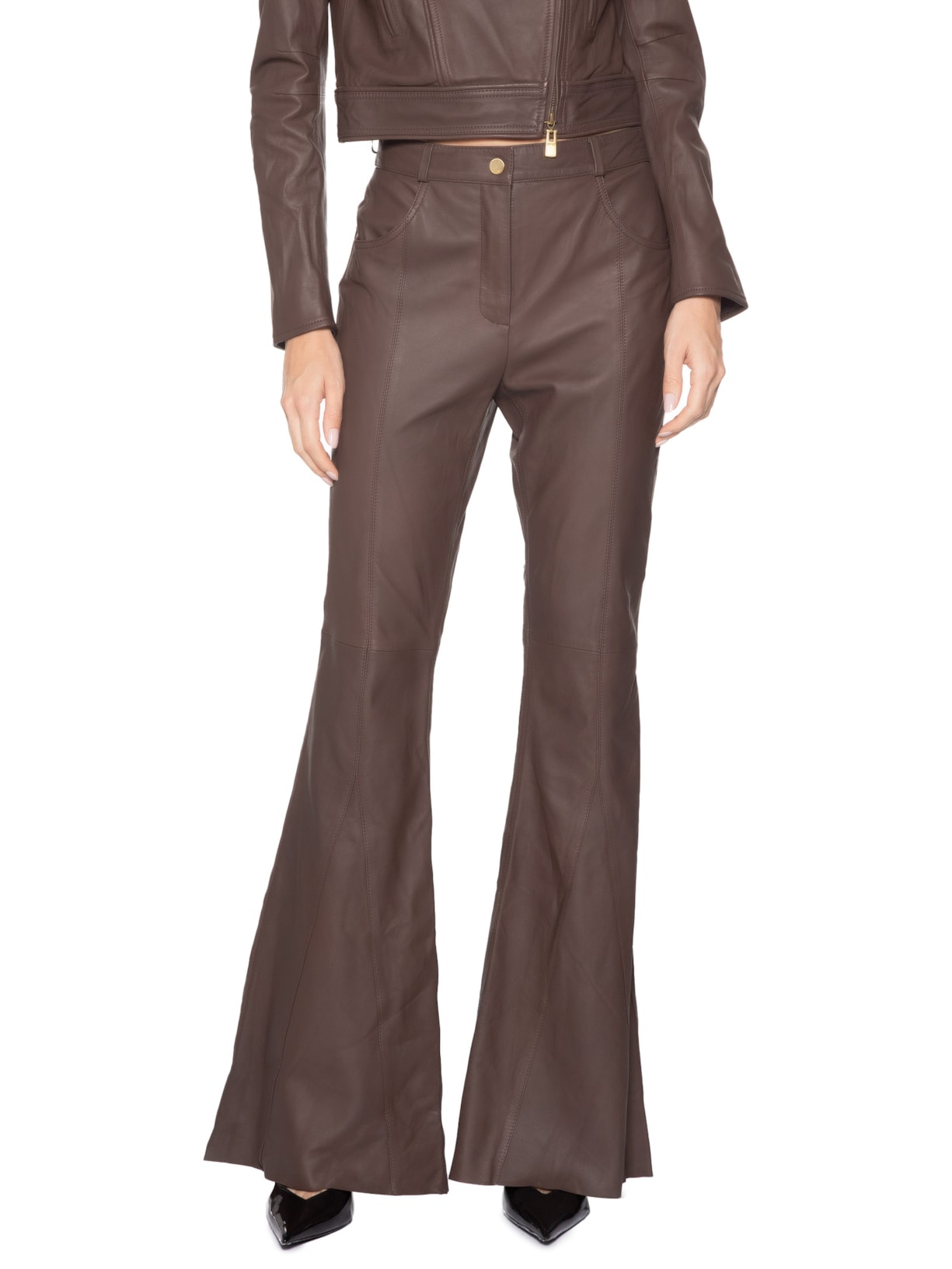 Calça Feminina De Couro Flare Nesgas Marrom Animale