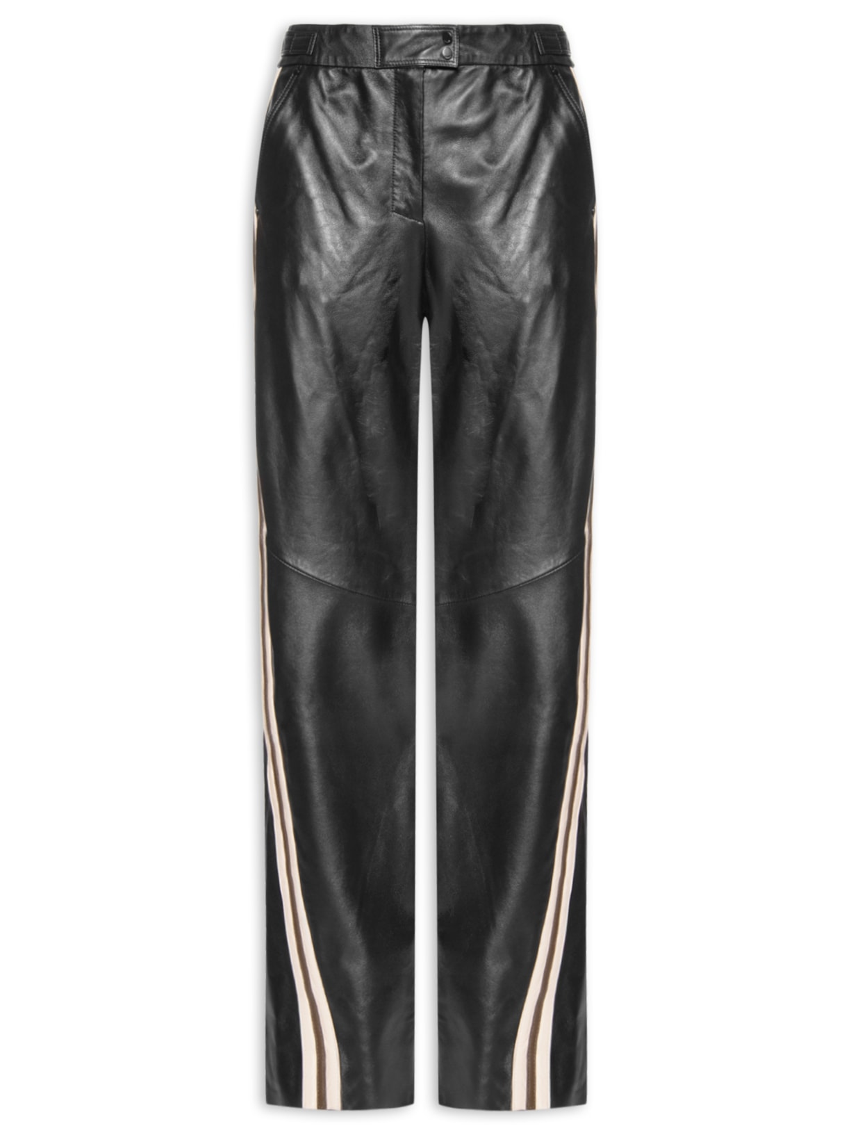 Calça Feminina de Couro Listra Lateral Botões - Preto