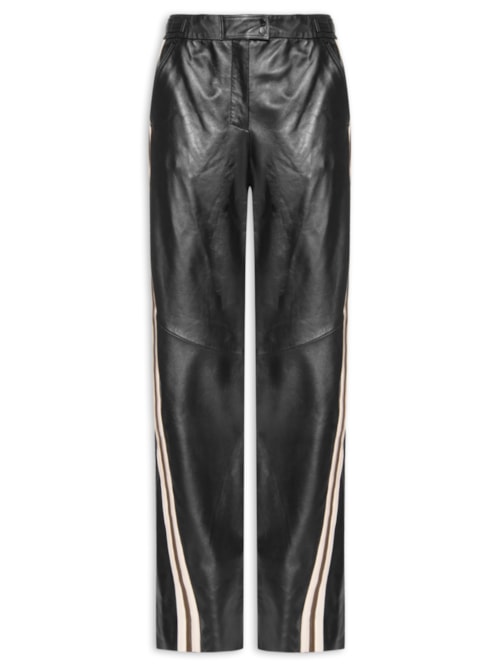 Calça Feminina de Couro Listra Lateral Botões - Preto