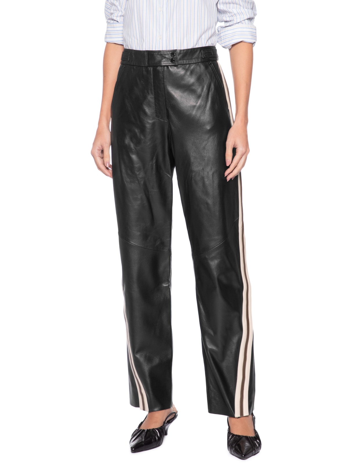 Calça Feminina de Couro Listra Lateral Botões Preto Animale